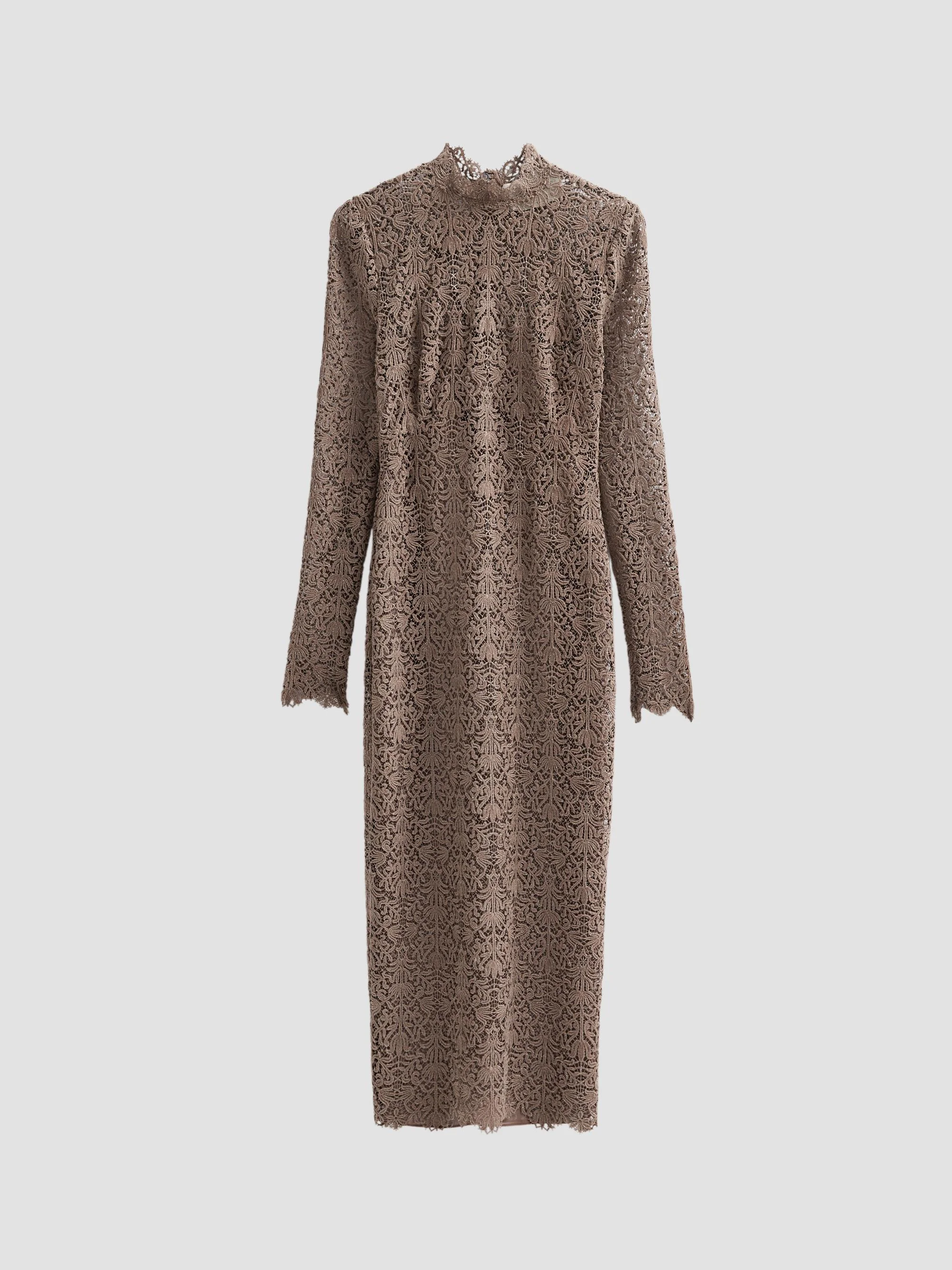 Women's Chenille Lace Long-Sleeve Midi-Dress - Clay - 1