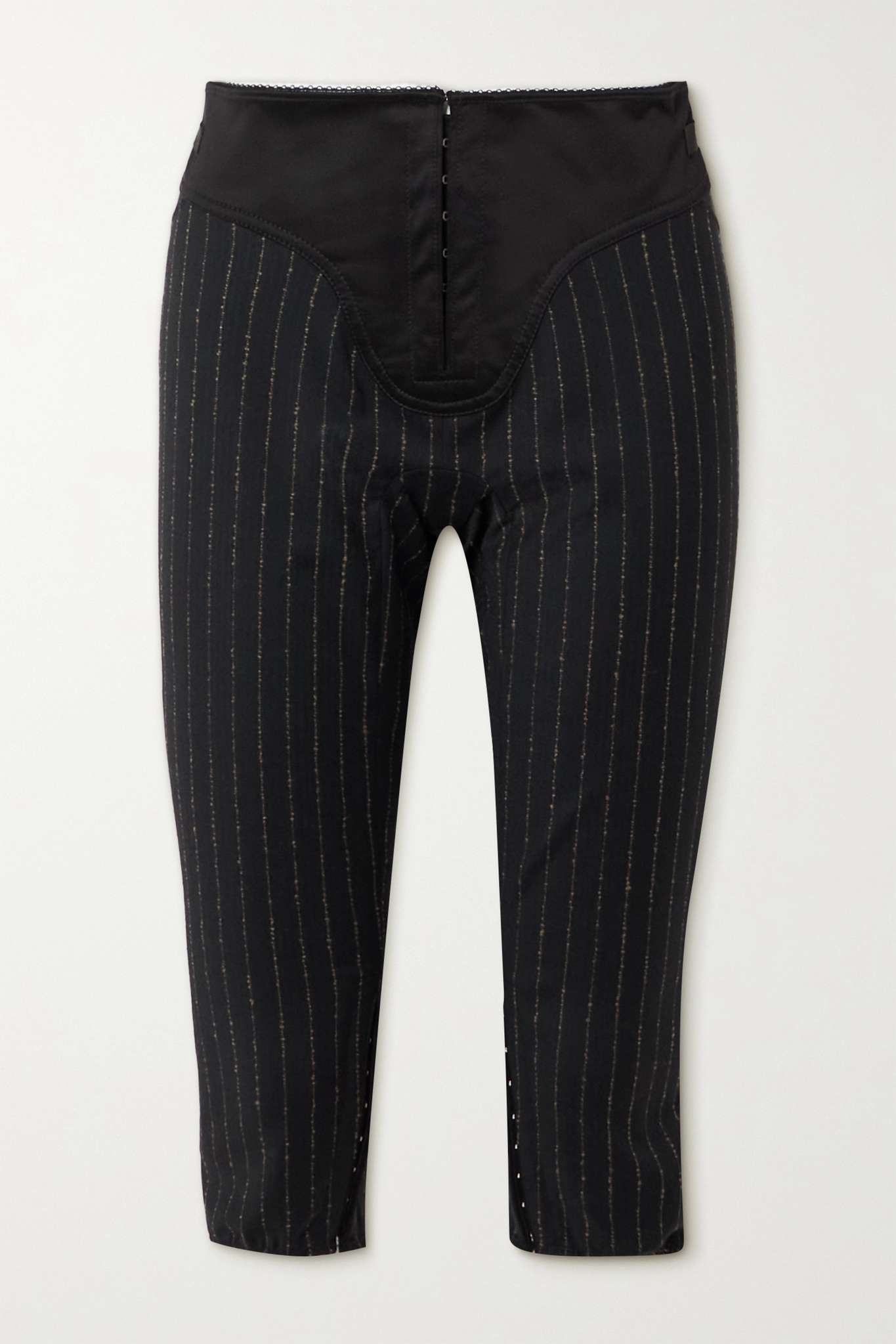 Satin-trimmed pinstriped herringbone wool-blend leggings - 1