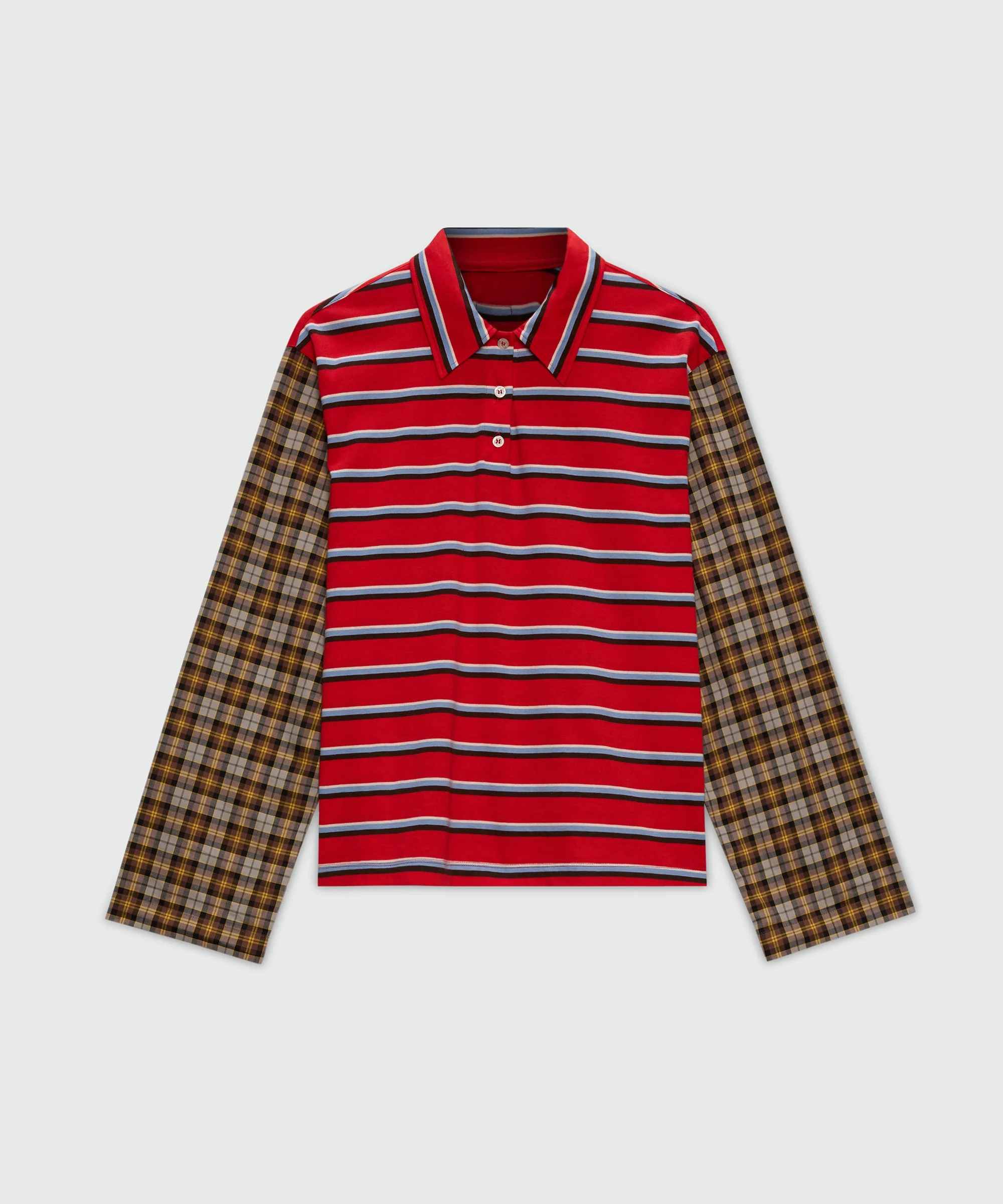 Striped jersey patchwork polo with contrast sleeves. - 1