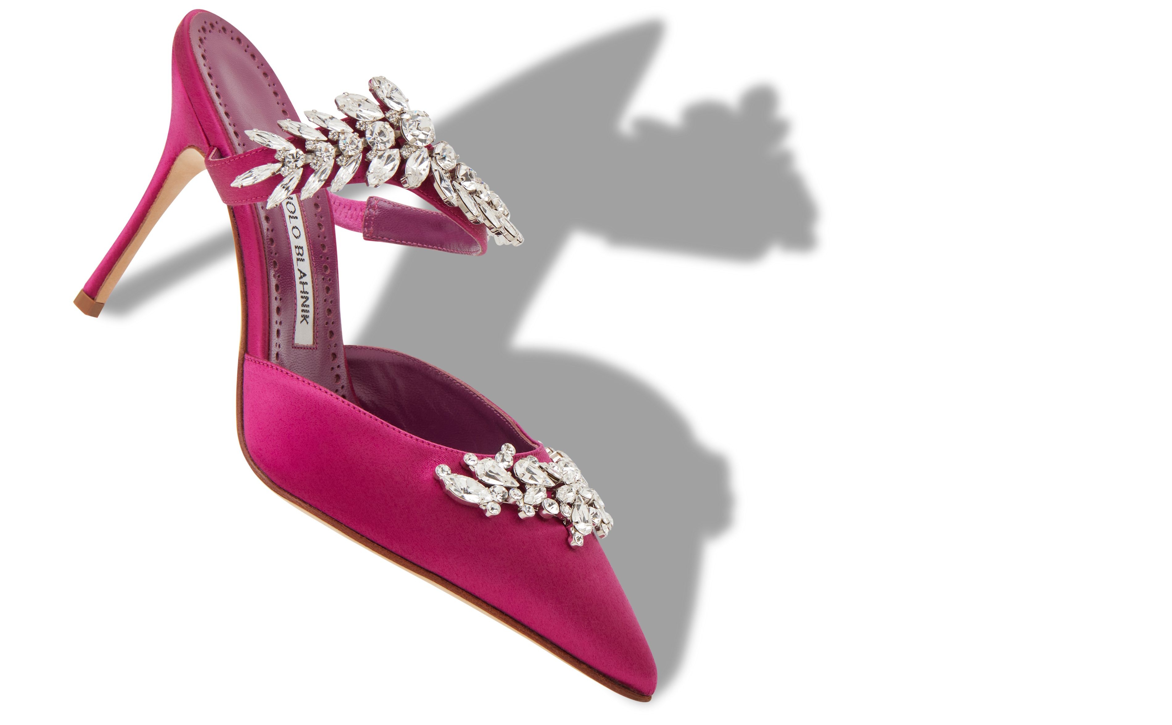 Fuchsia Satin Crystal Embellished Mules - 2