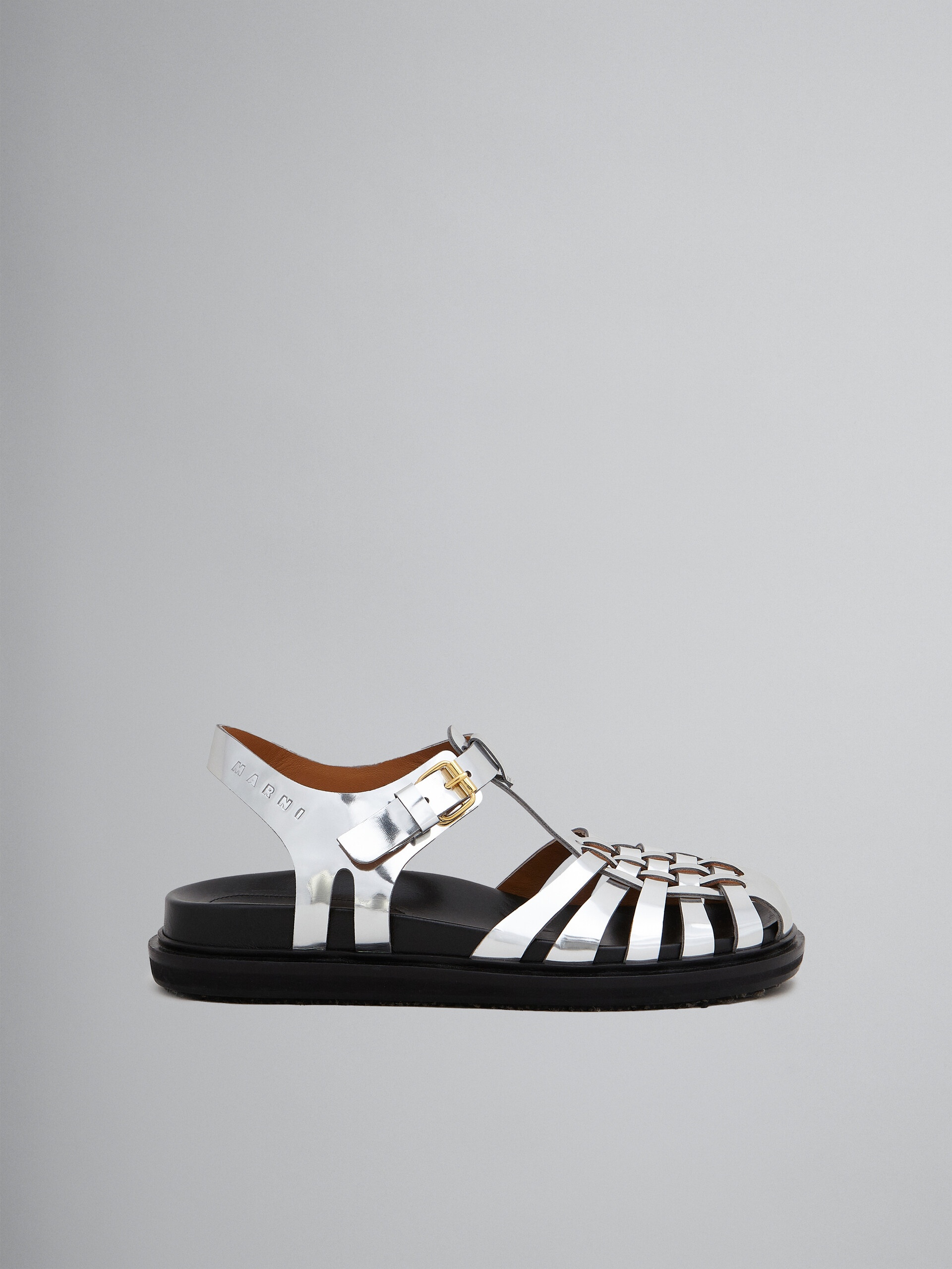 ★MARNI★ Mirrored Leather Fisherman's Sandals Silver SAMS01 Marni SILVER MIRRORED LEATHER FISHERMAN'S SANDAL | REVERSIBLE