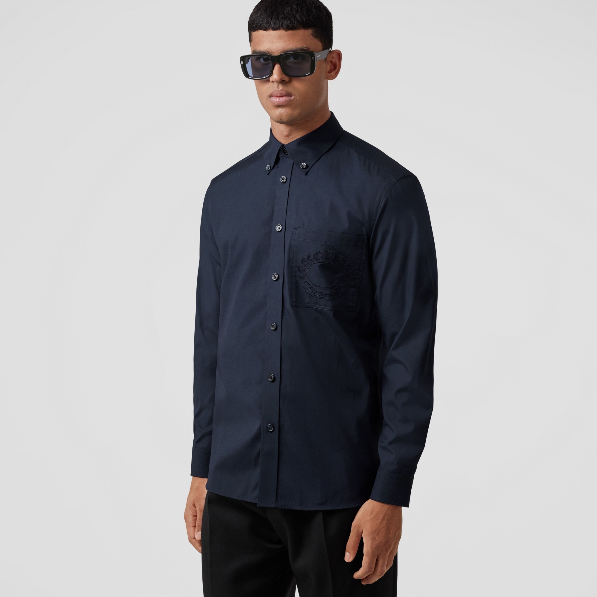 Embroidered Oak Leaf Crest Stretch Cotton Shirt - 6