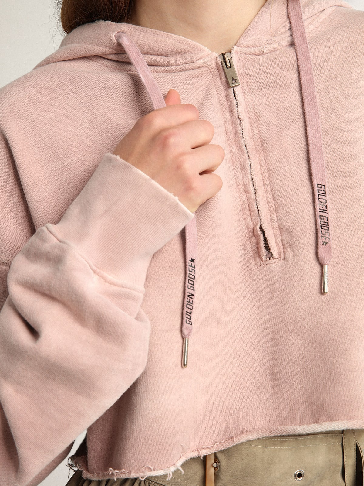 Pale mauve cropped Journey Collection hooded sweatshirt with tone-on-tone Golden lettering on the ba - 5