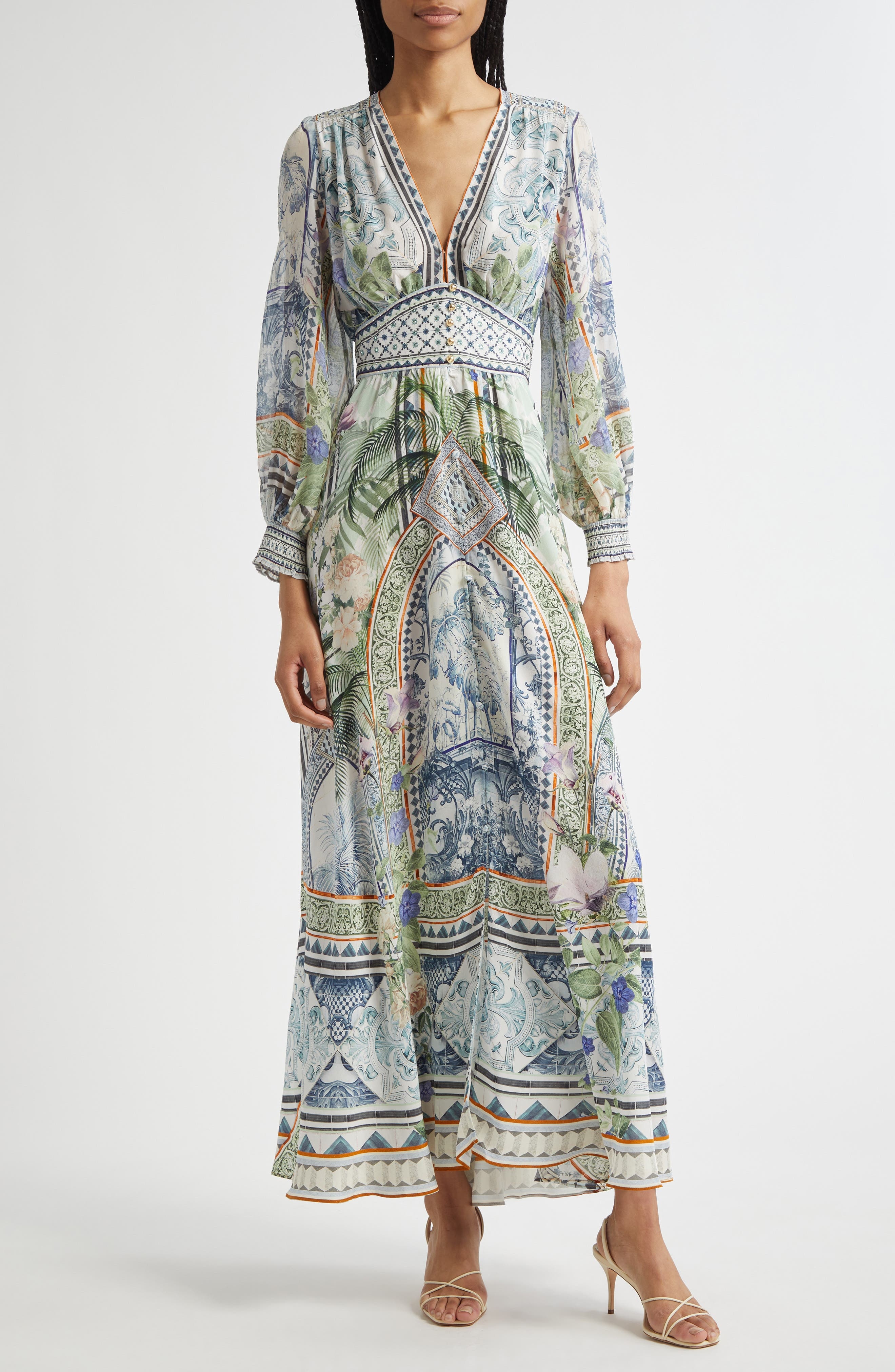 Camilla Button Front Silk Crepe Midi Dress in Jardim Party at Nordstrom - 1