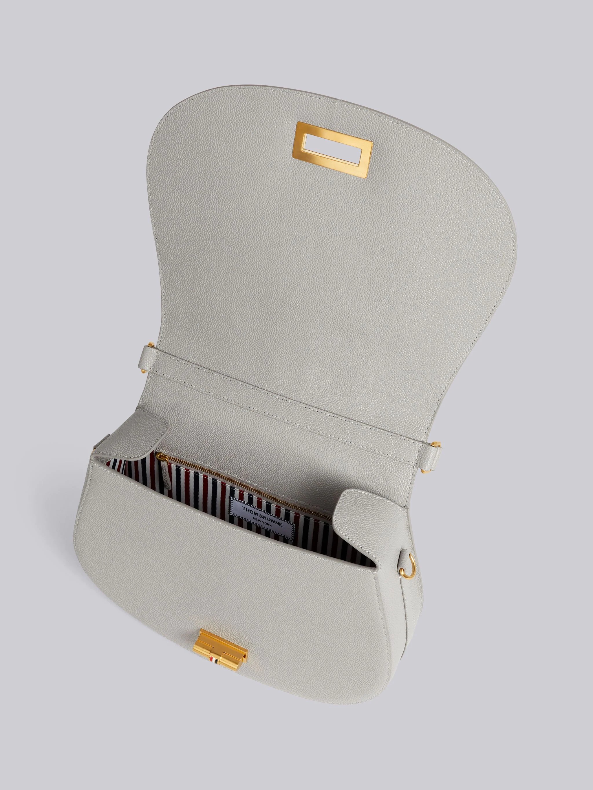 Medium Grey Stripe Seersucker Webbing Strap Enamel Lock Large Saddle Shoulder Bag - 5