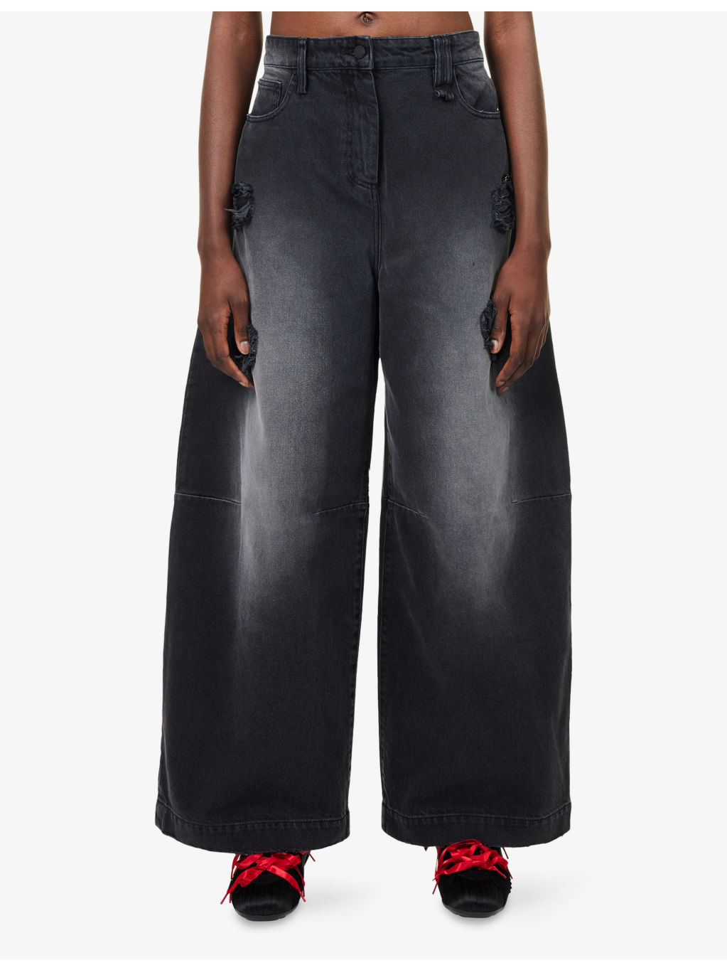 Embellished Distressed Wide-Leg Denim Jeans - 3