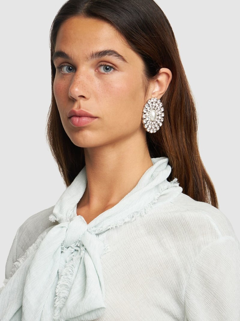 Oval crystal earrings w/ pearl - 2
