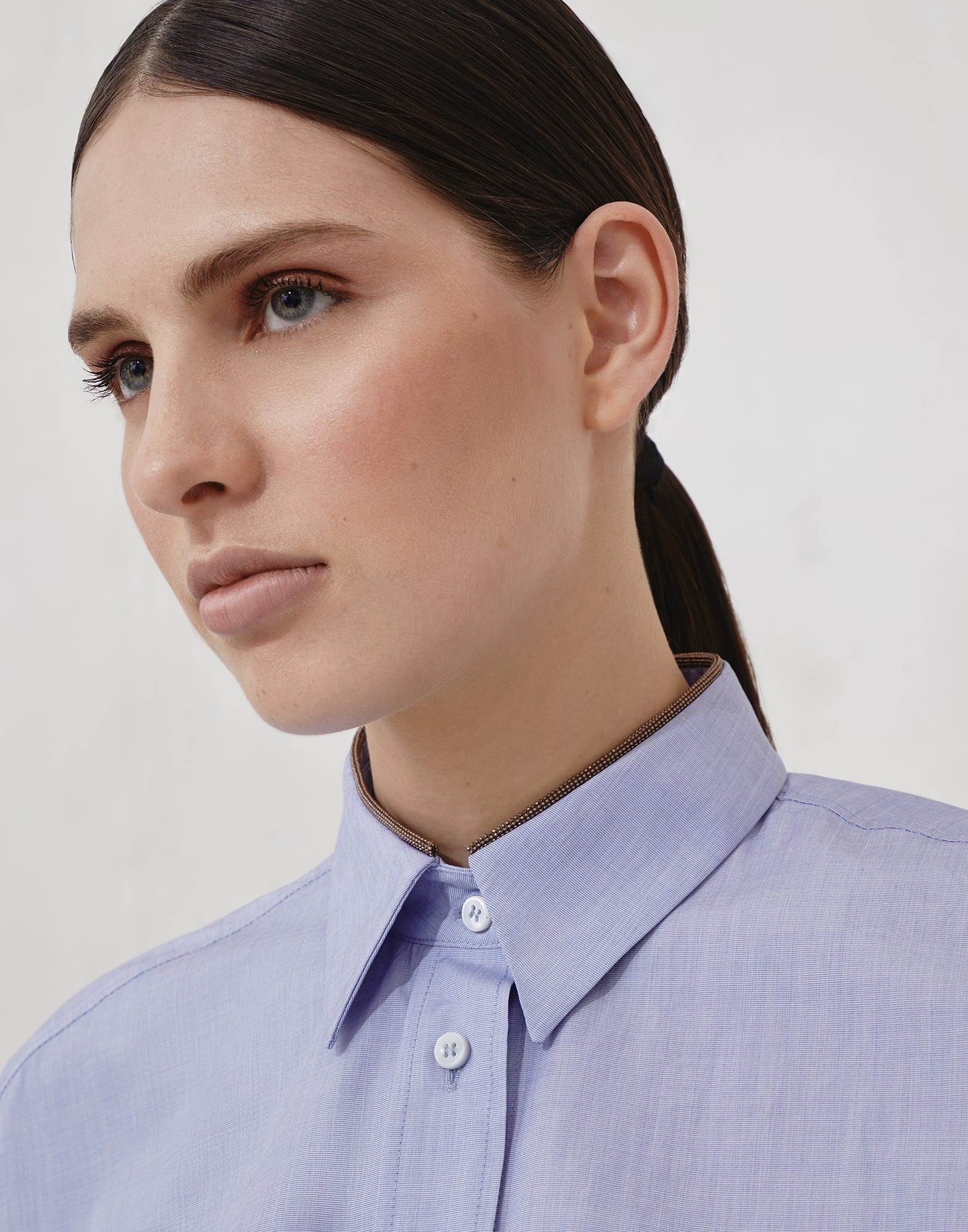 Cotton end-on-end shirt with shiny collar detail - 3
