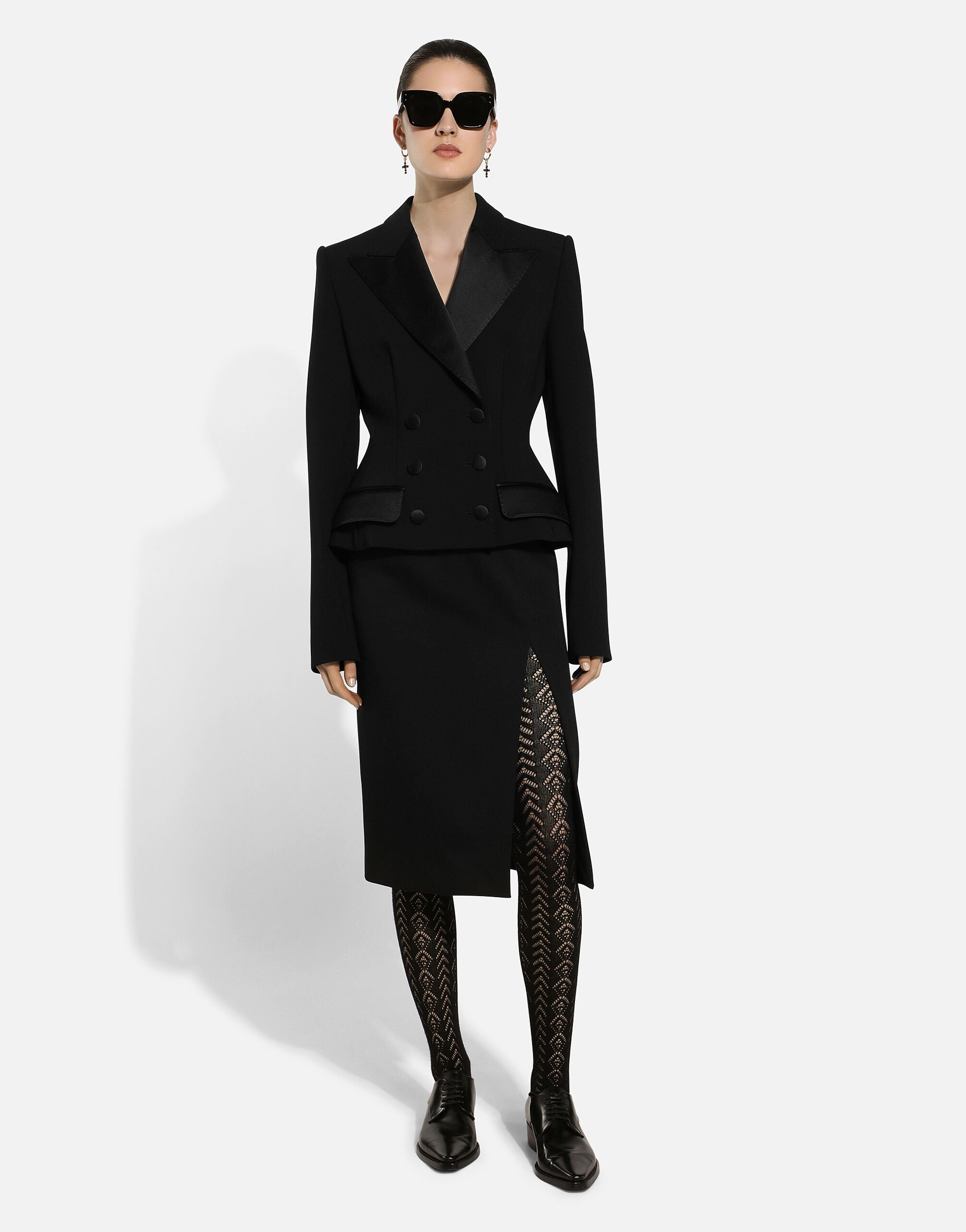 Calf-length wool gabardine skirt with slit - 5