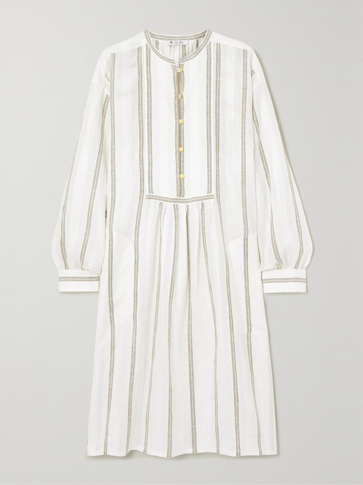Pleated striped linen midi dress Off-white - 1