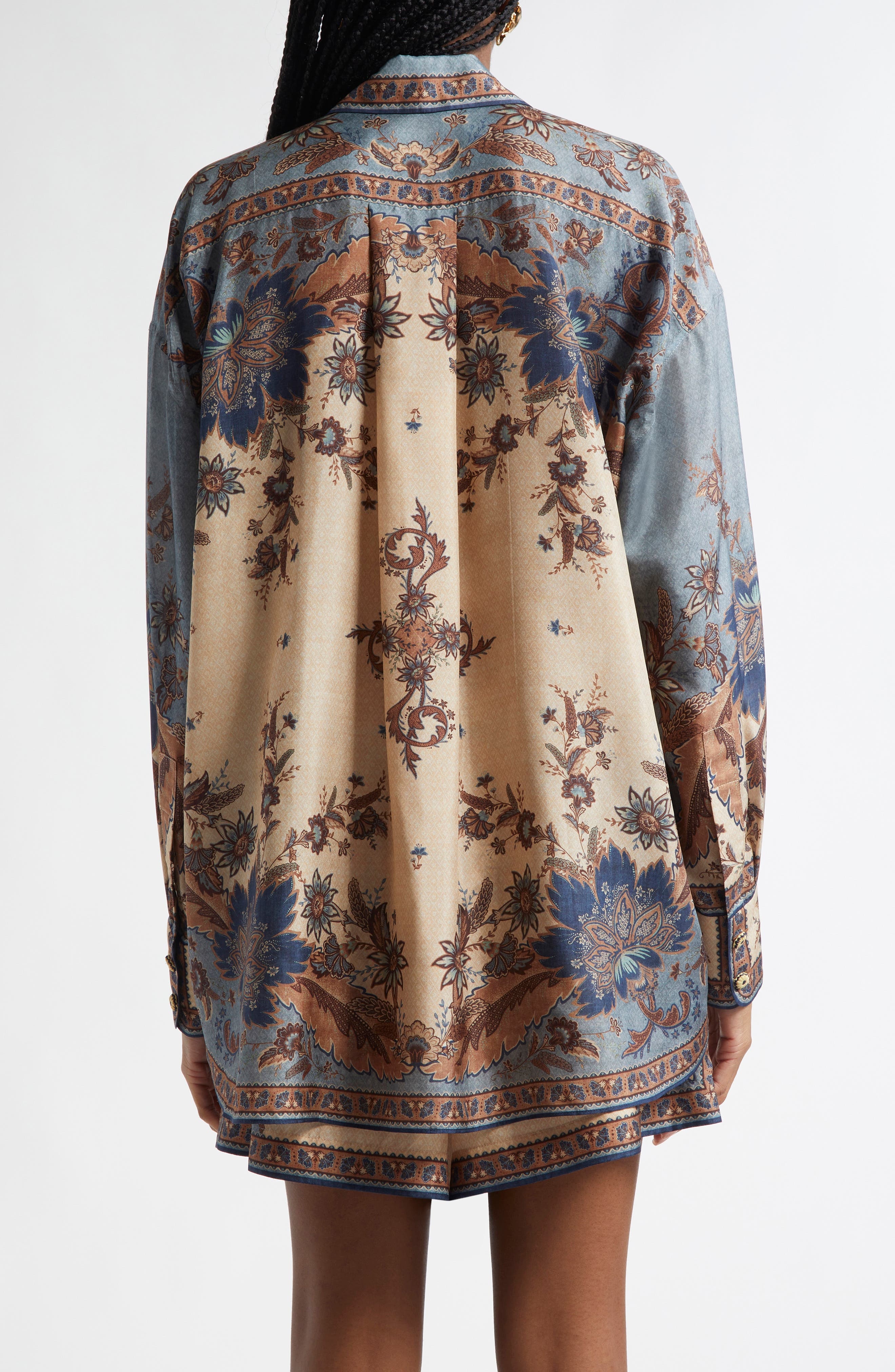 Zimmermann Ascension Silk Habutai Button-Up Shirt in Blue/Cream Indienne Floral at Nordstrom - 3