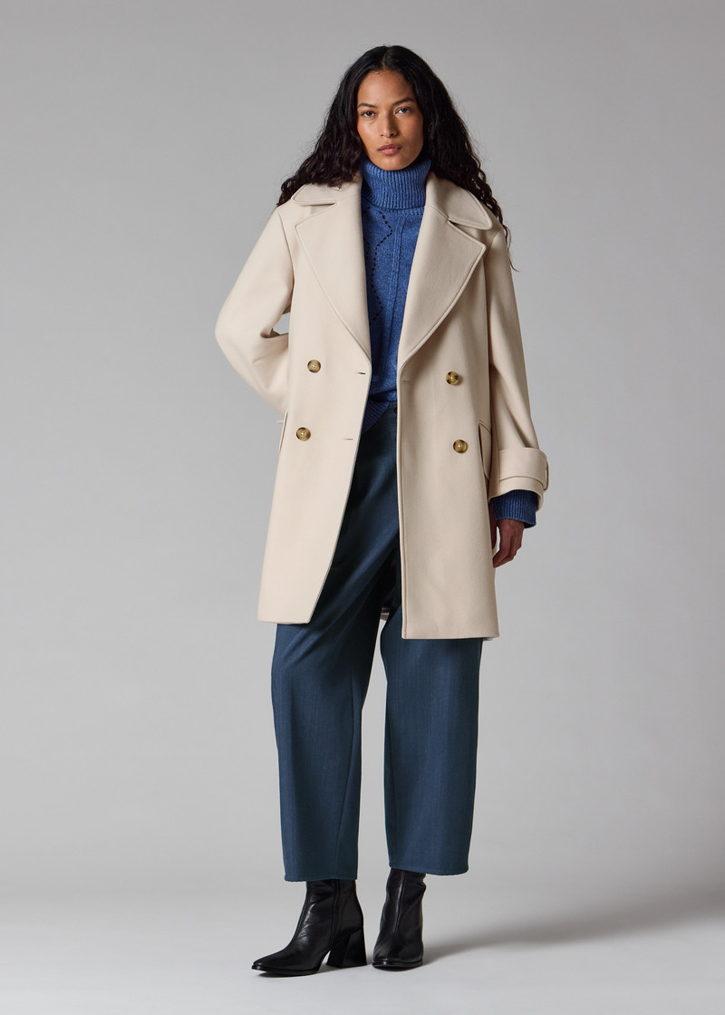 Women's Cream Double-Breasted Wool-Cashmere Coat 6
