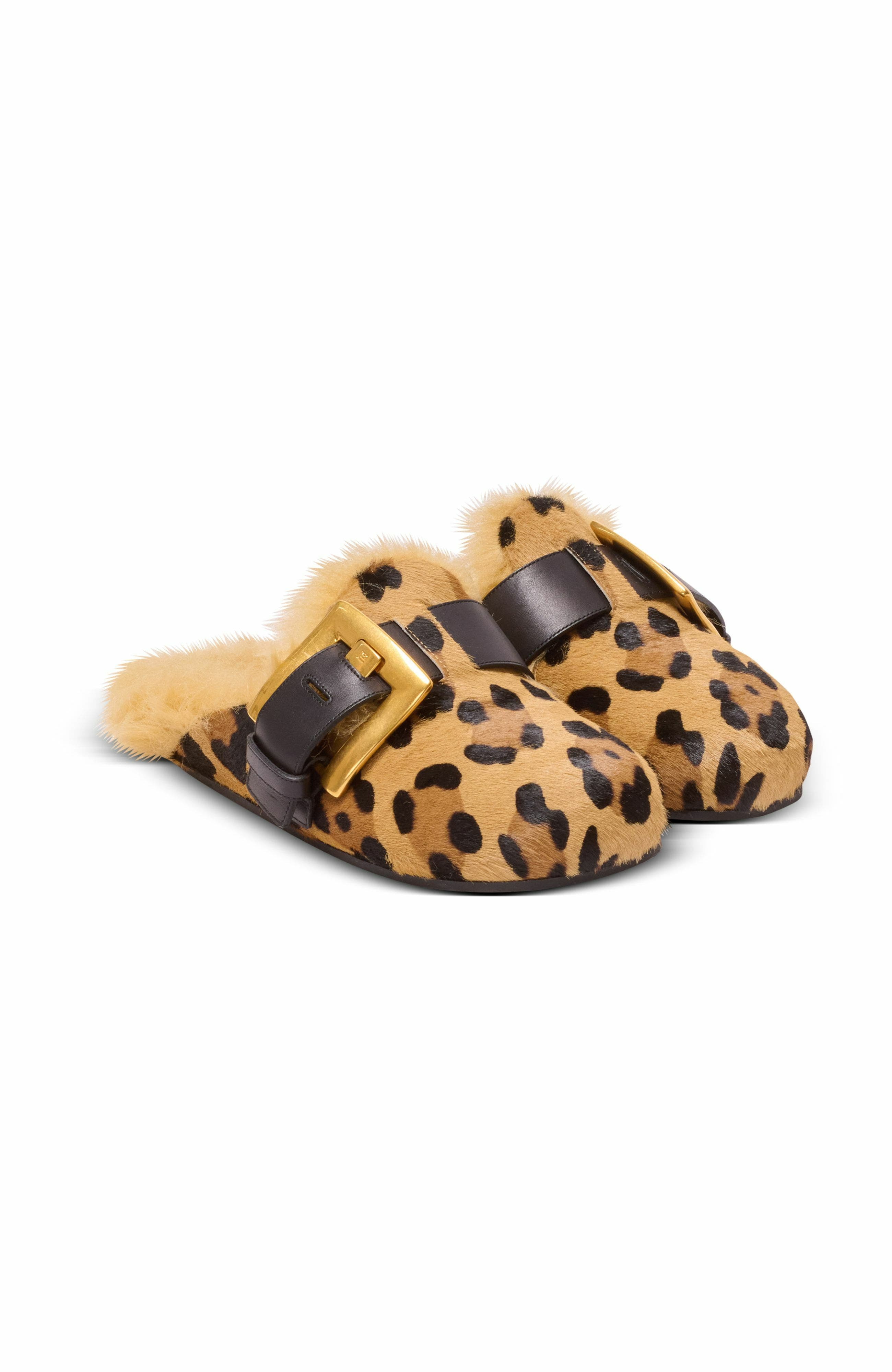 Balmain Anthem Leopard Print Ponyskin Leather And Faux Fur Mules in Brown at Nordstrom - 1