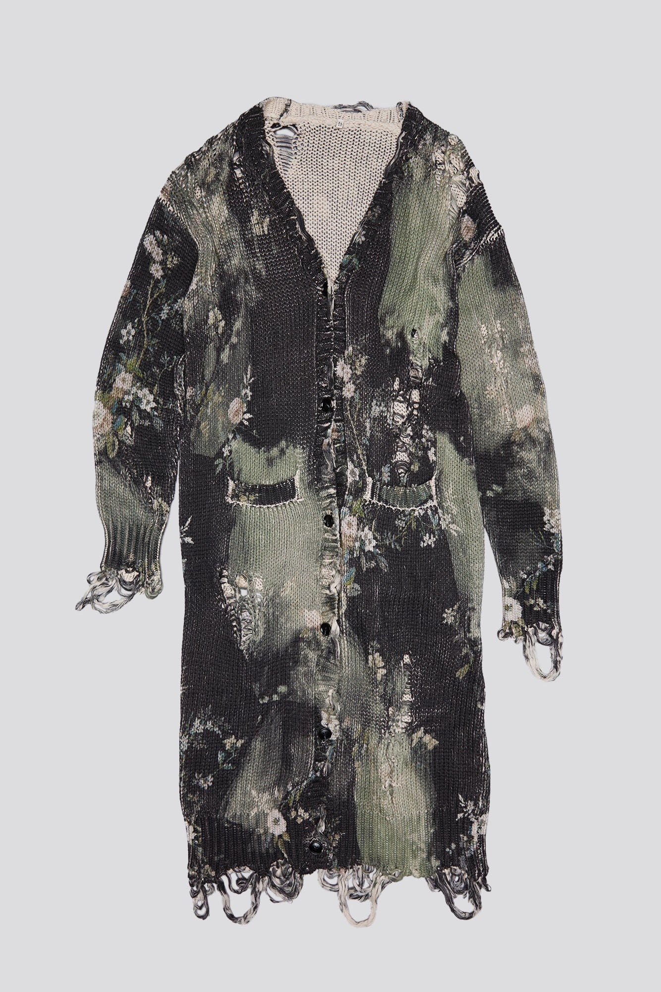 DISTRESSED LONG CARDIGAN - BLEACHED BLACK FLORAL - 1