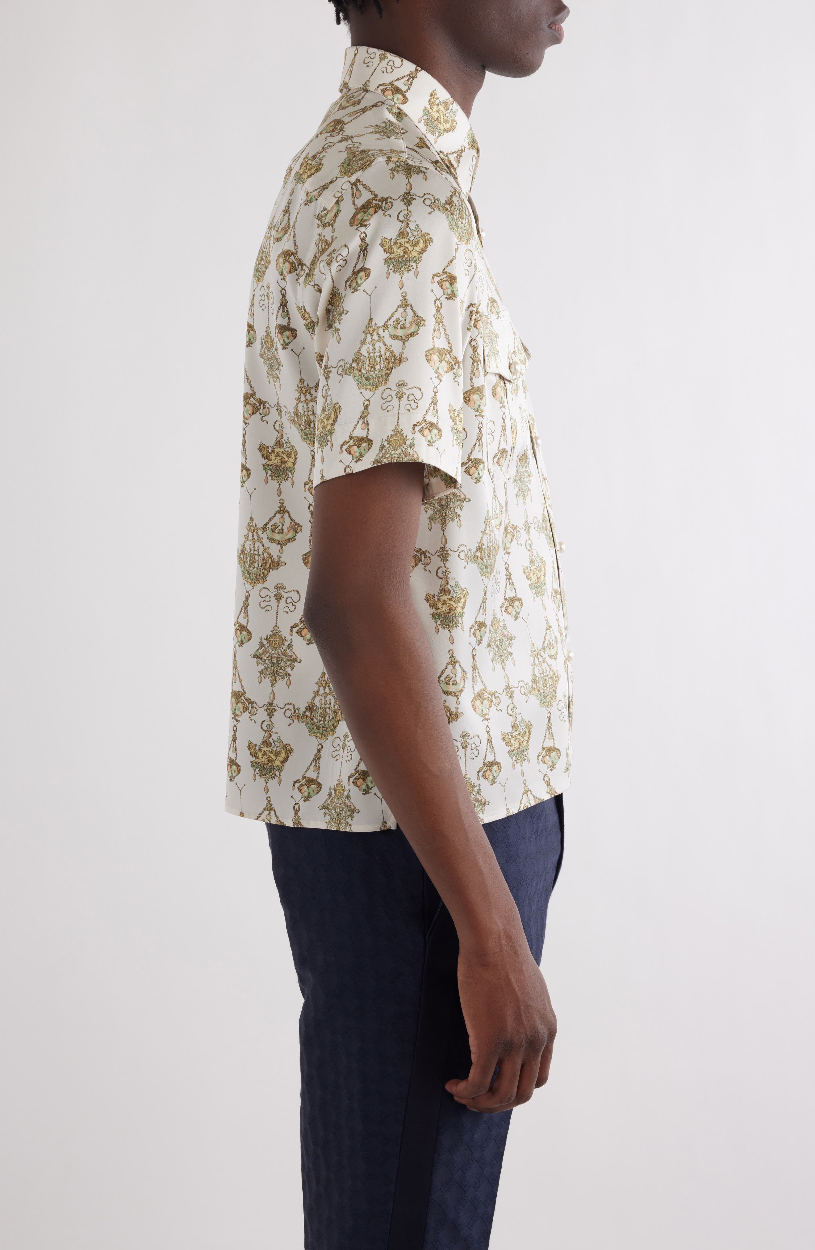 Givenchy Military Slim Fit Short Sleeve Stretch Silk Button-Up Shirt in Cream/Ochre at Nordstrom - 4