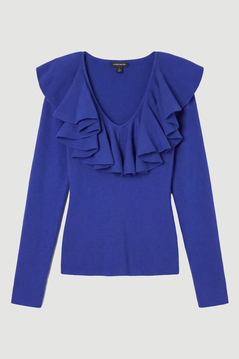 Compact Wool Look Ruffle V Neck Knit Top - 1