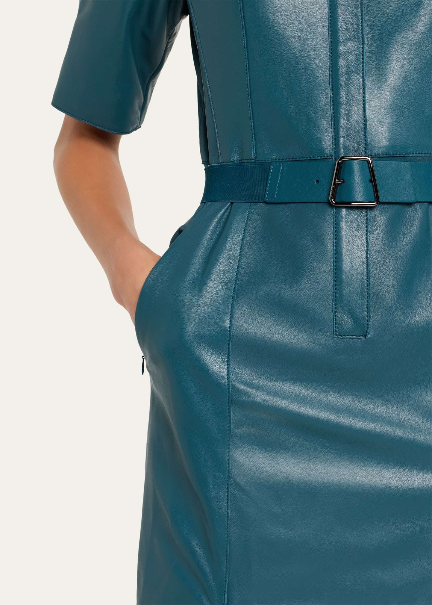 Short-Sleeve Nappa Leather Belted Shirtdress - 5