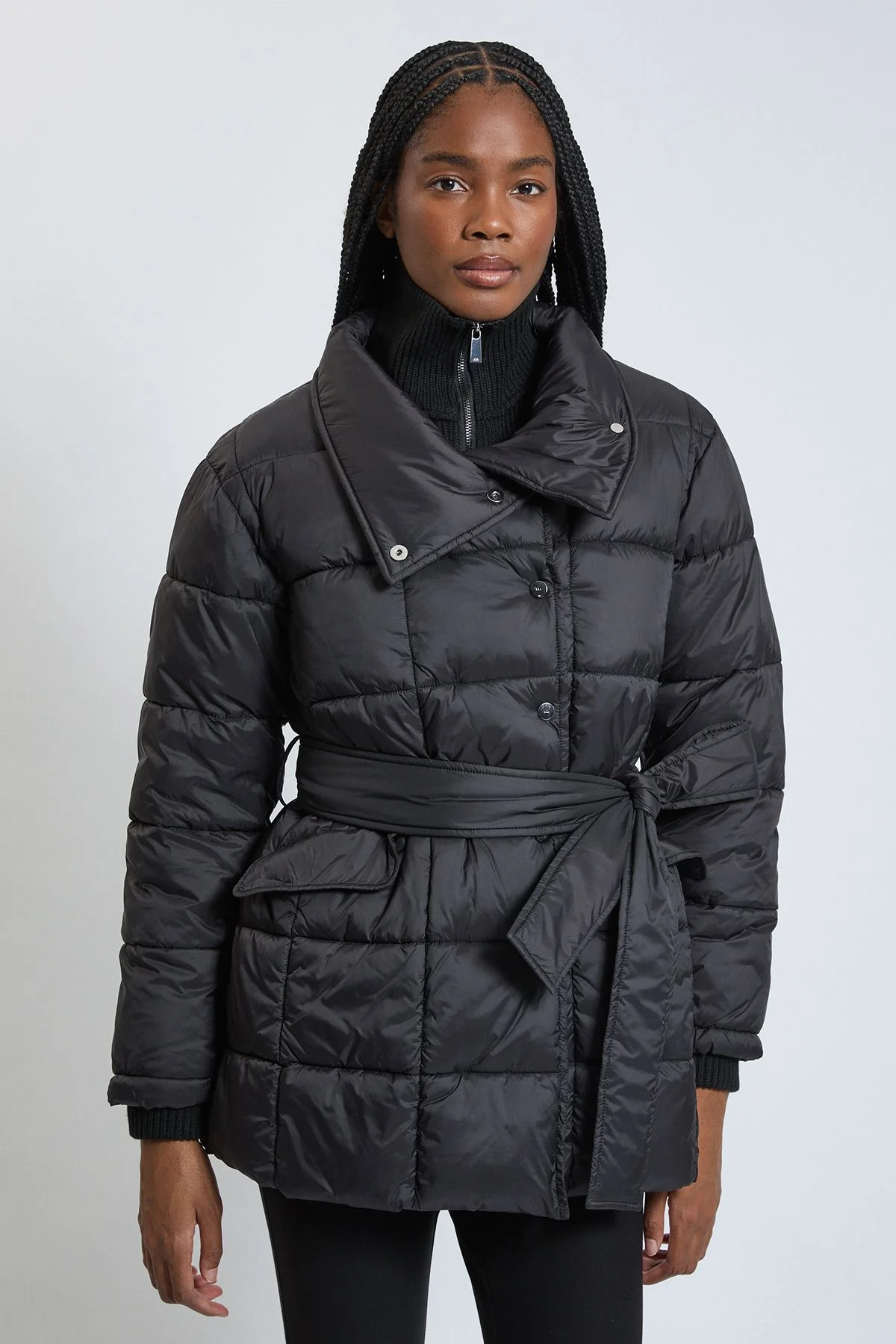 Rib Panel Detail Midi Belted Padded Coat - 1