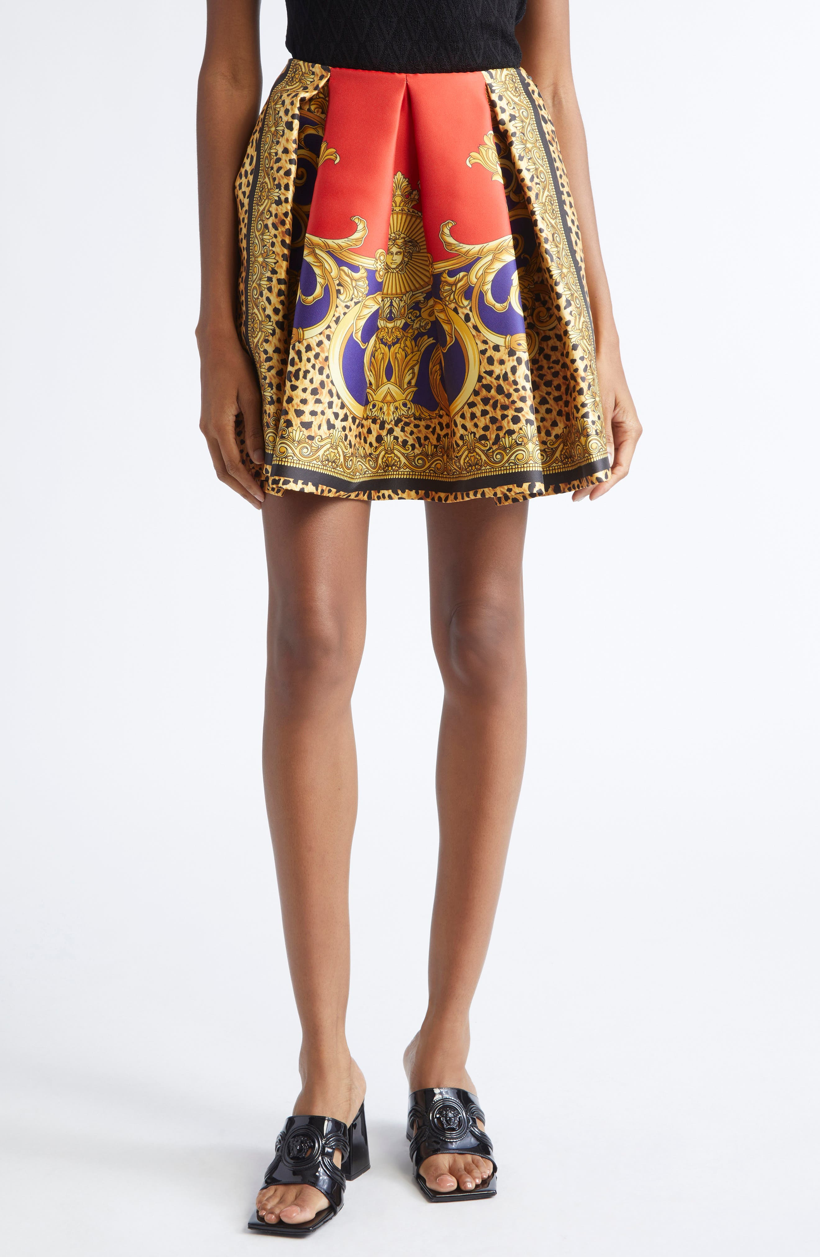 Versace Duchess Cheetah Barocco Pleated Silk Blend Skirt in Scarlet Ultramarine at Nordstrom - 1