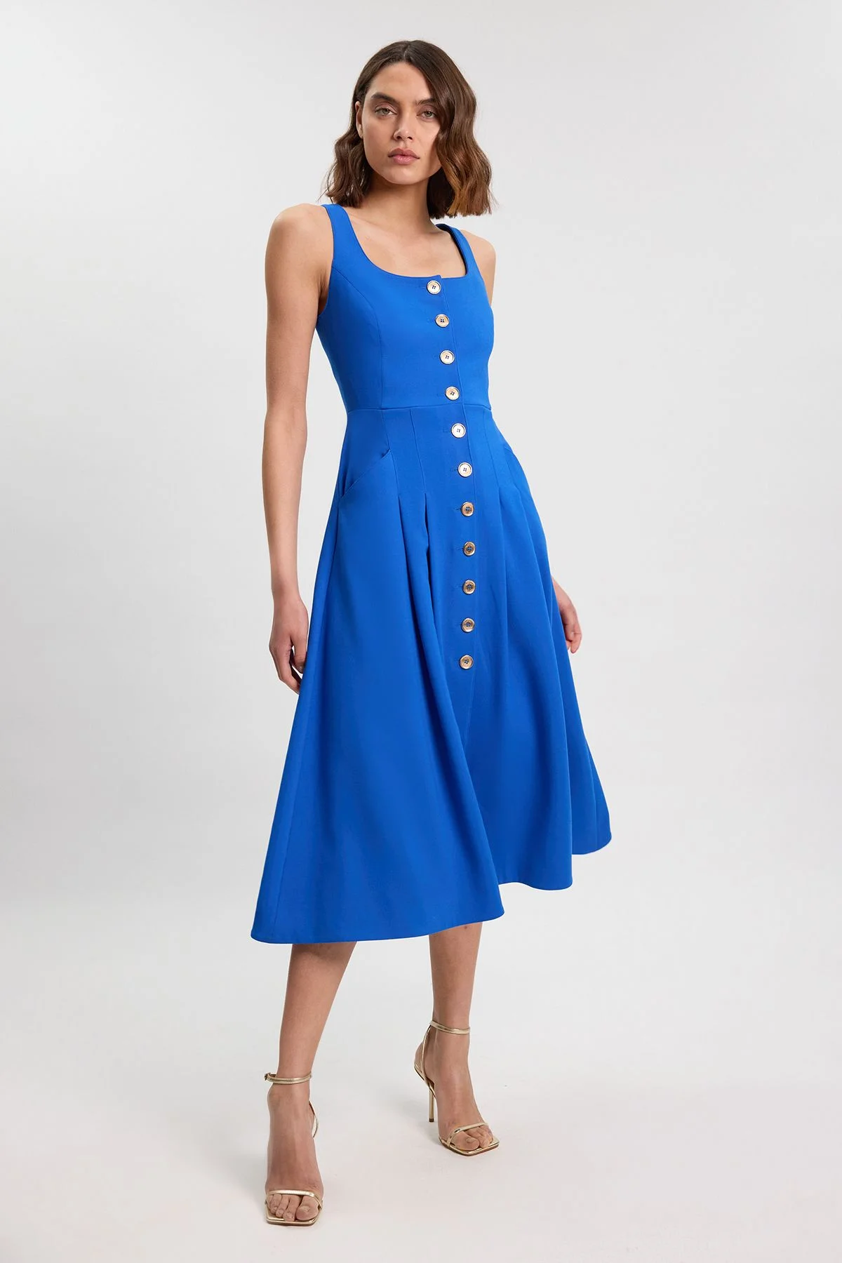 Tailored Textured Button Though Strappy Full Midi Dress - 1