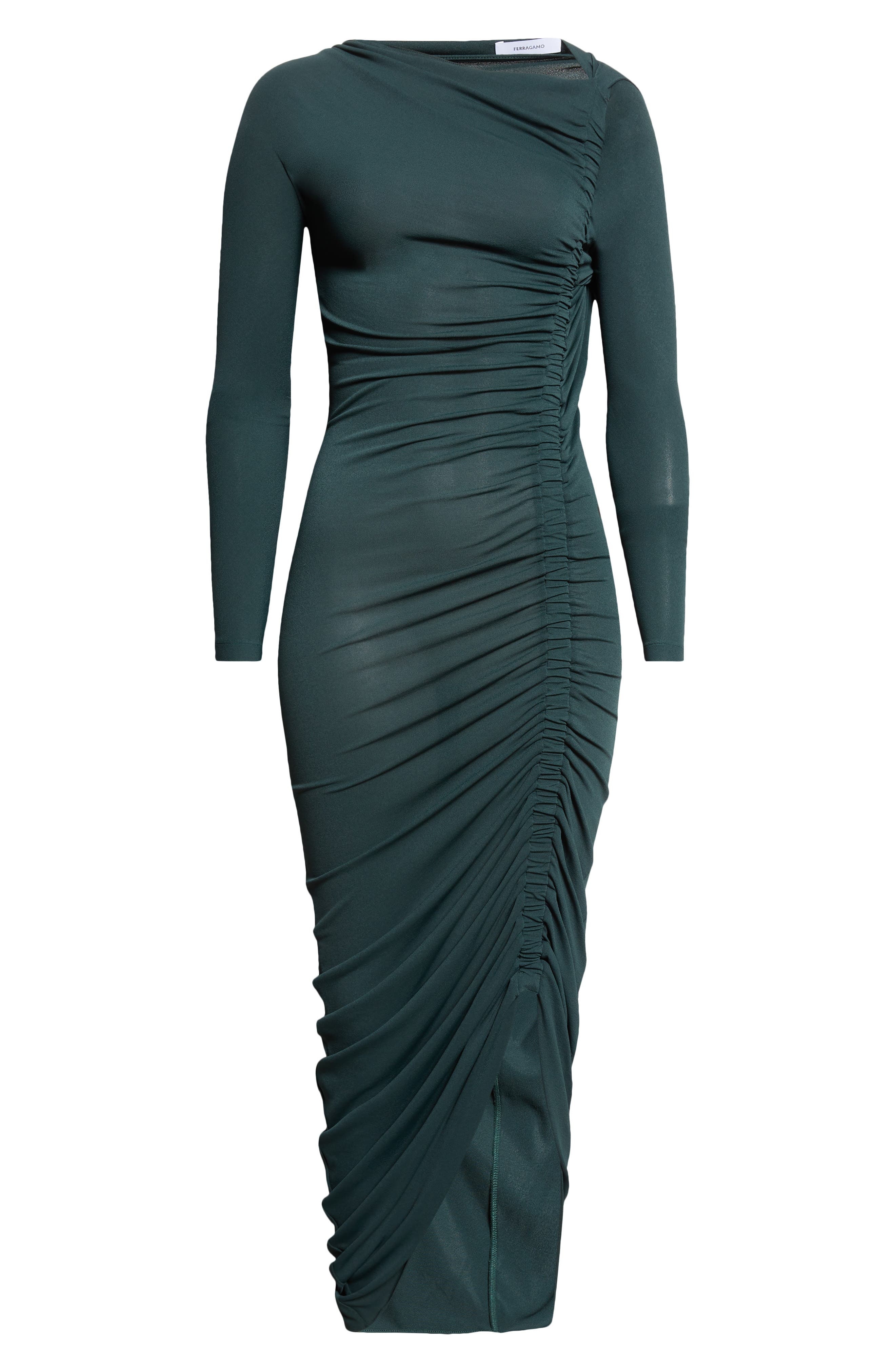 FERRAGAMO Side Ruched Asymmetric Long Sleeve Jersey Dress in Moss at Nordstrom - 6