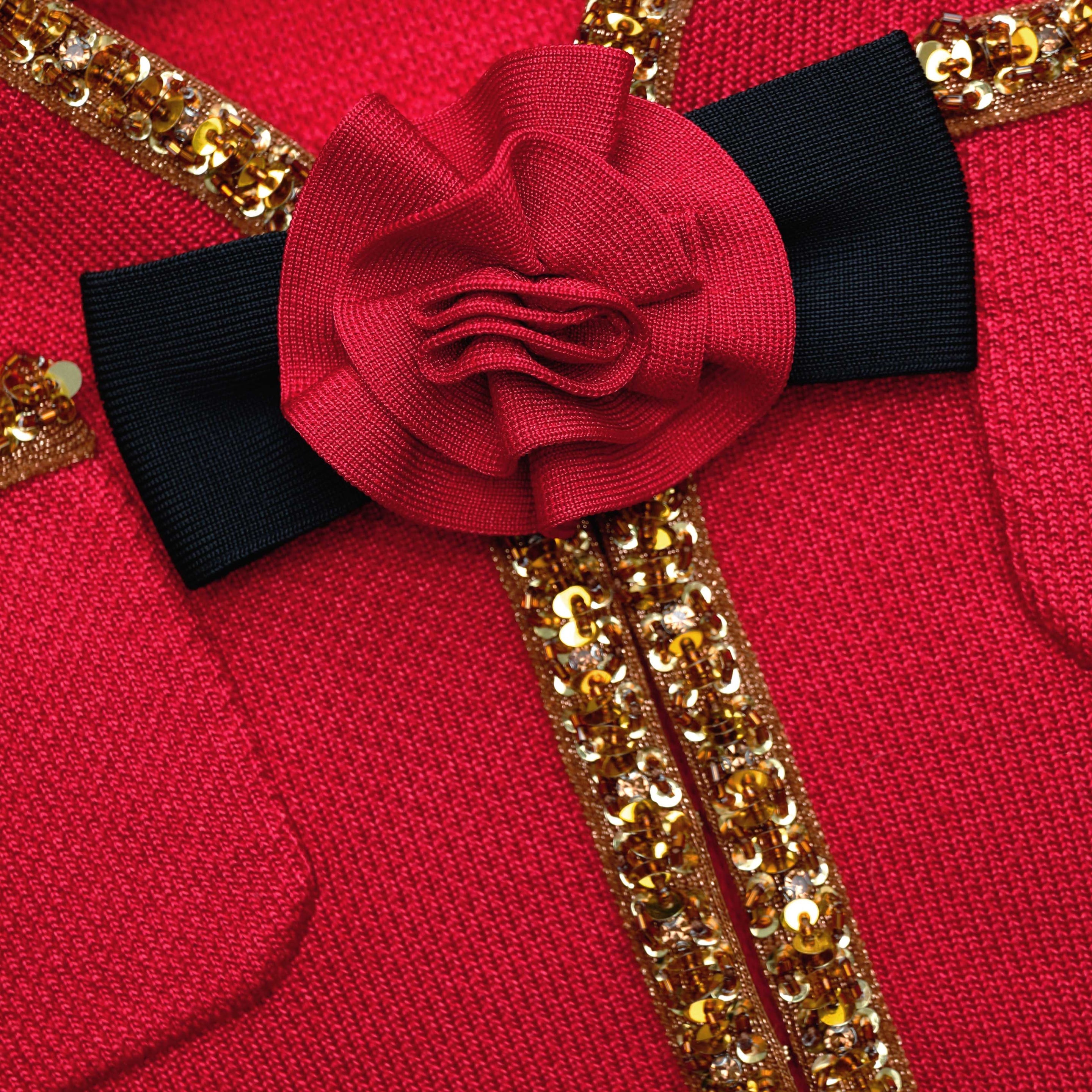 Red Textured Knit Corsage Mini Dress - 5