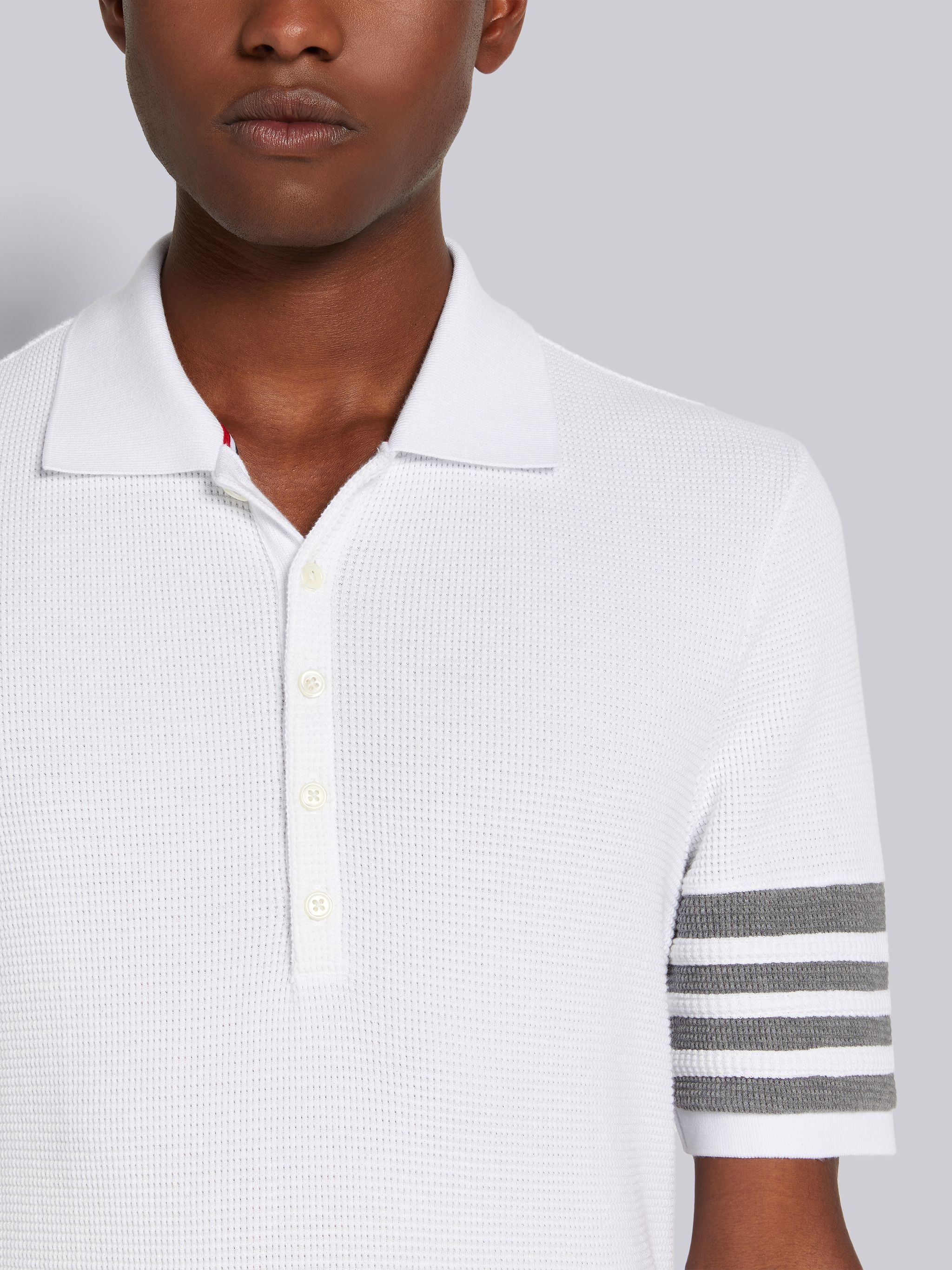 White Compact Waffle Rib Cuff 4-Bar Polo - 5