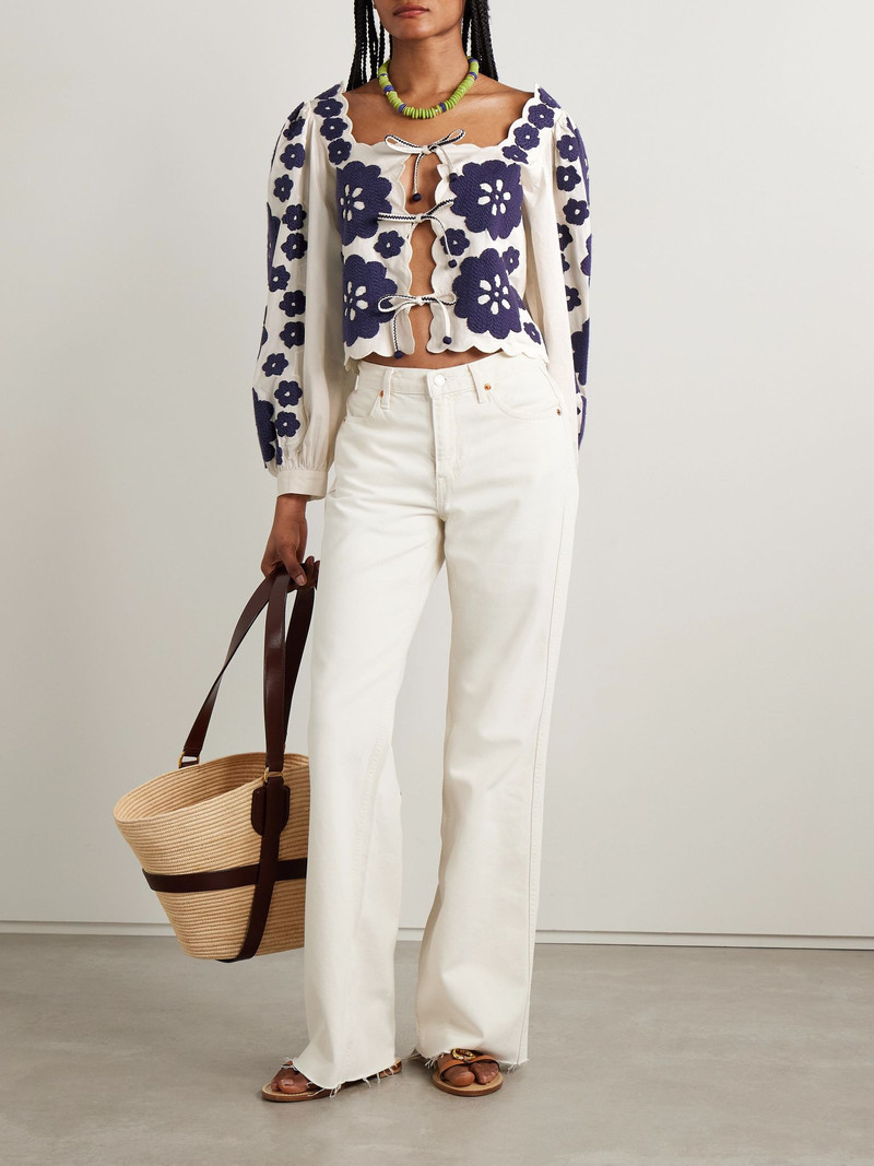 Sea Catrine tie-front scalloped appliquéd cotton-voile blouse Ivory outlook