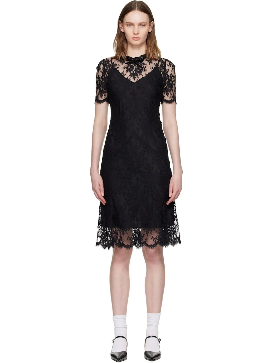 Black Beaded Lace Short-Sleeve Midi Dress - 1