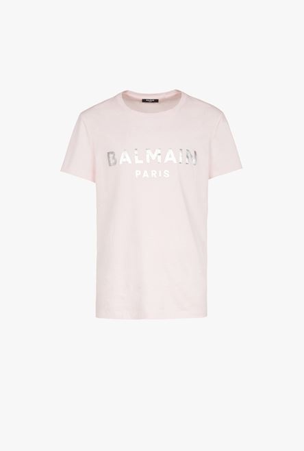 Pale pink eco-designed cotton T-shirt with silver Balmain Paris logo print - 1