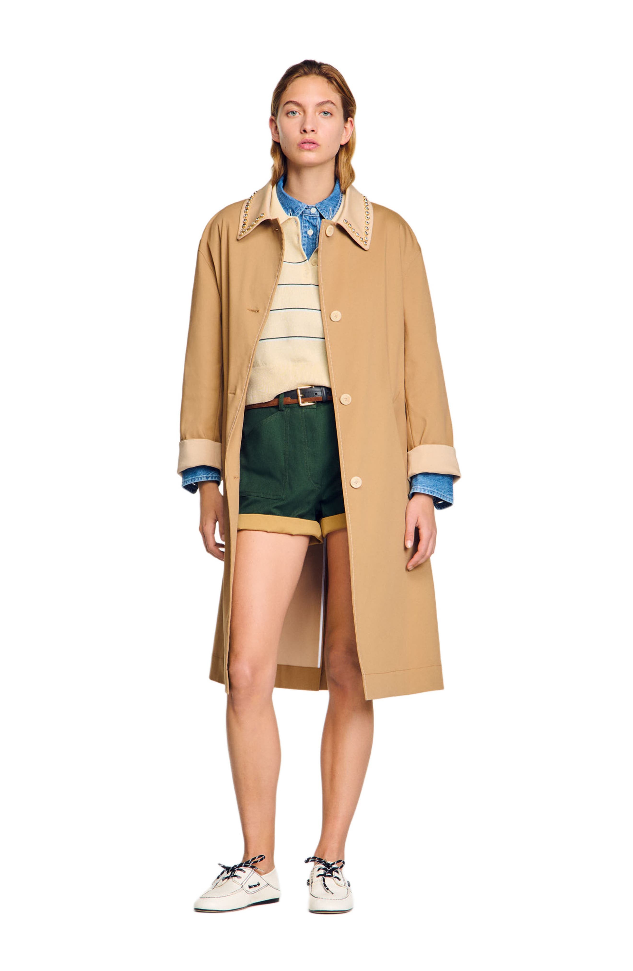 SANDRO Trench coat with rhinestone collar in Camel at Nordstrom - 6