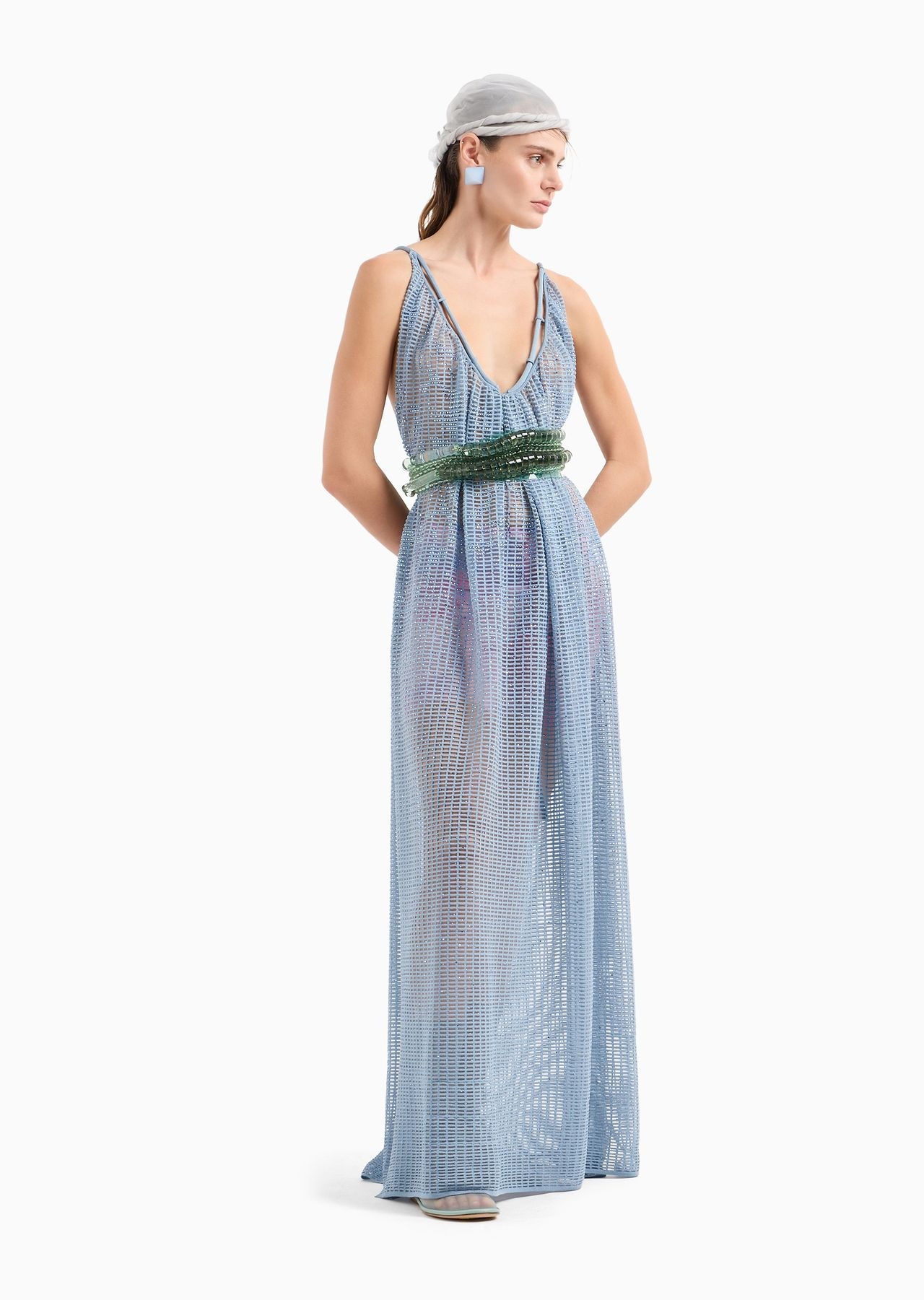 Plain knit and ottoman long dress with all-over rhinestones - 4