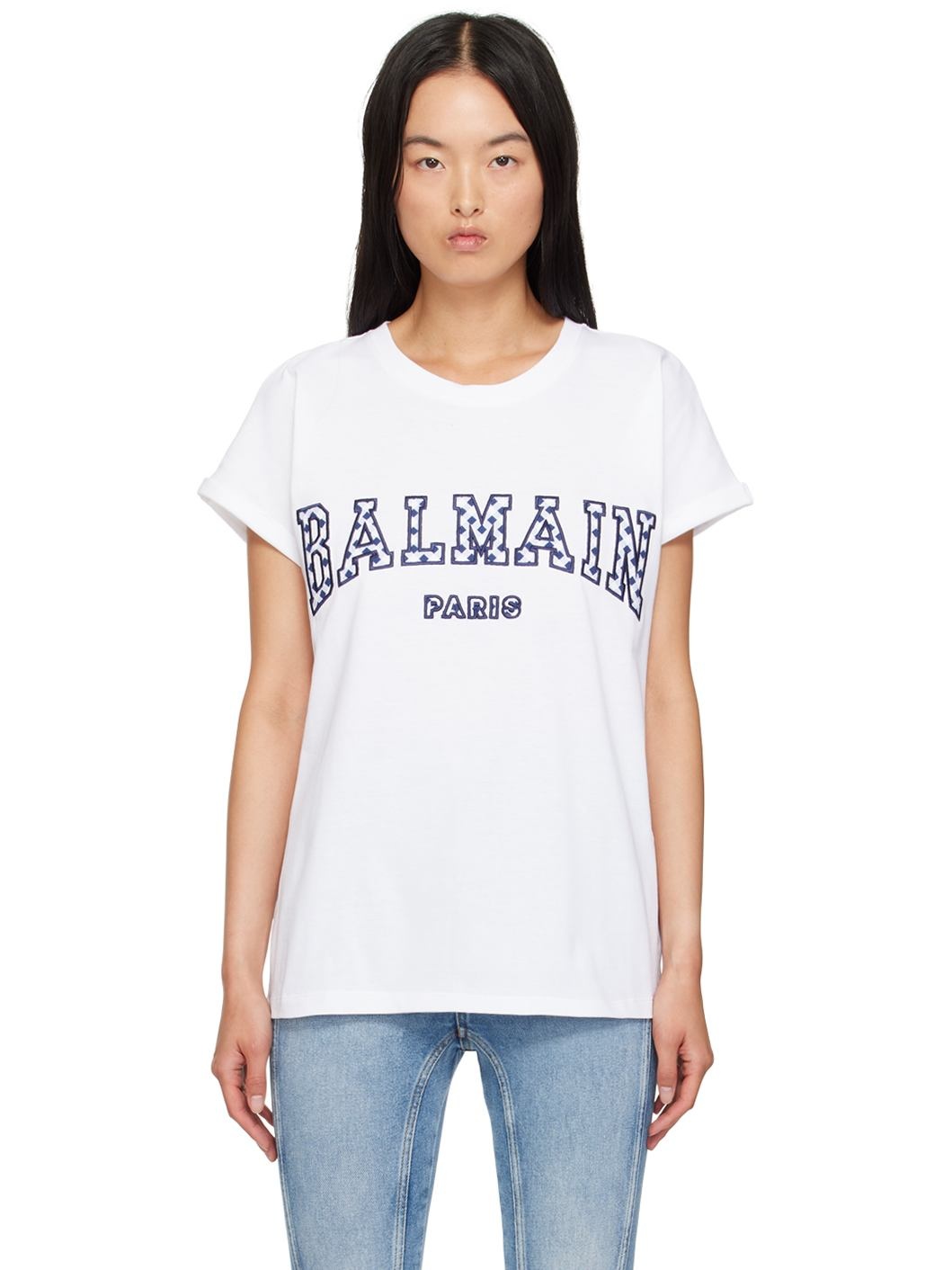 White Gingham Balmain Paris Lettering T-Shirt - 1