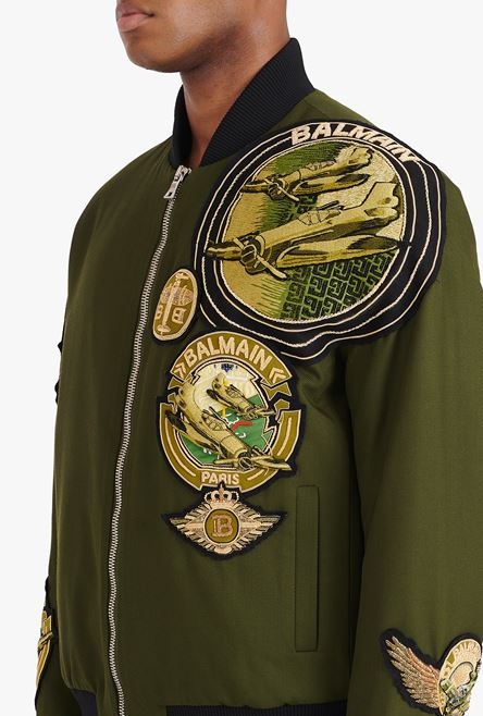 Khaki aviator teddy jacket with Balmain badges - 9