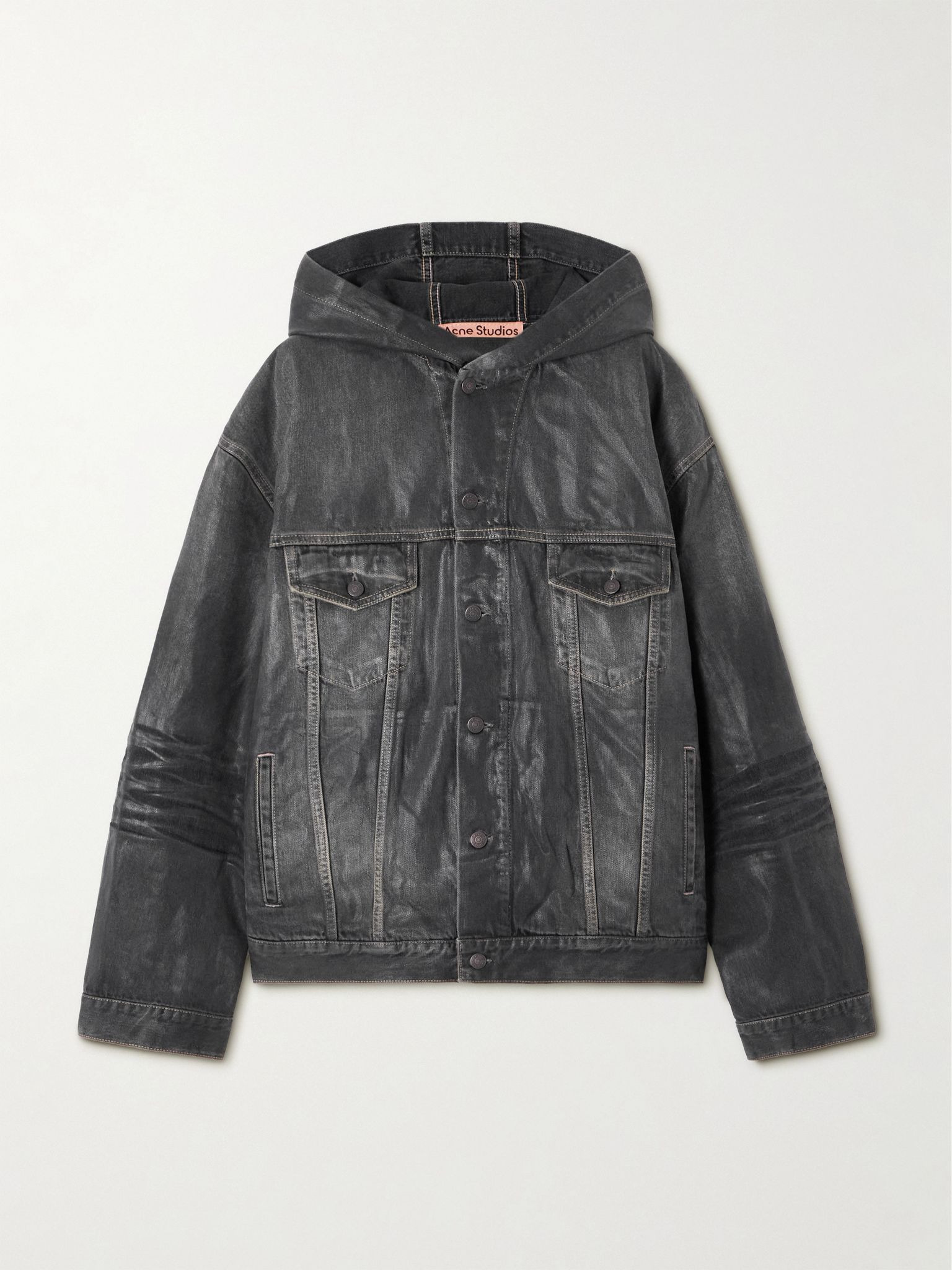 Hooded coated organic denim jacket Black - 1