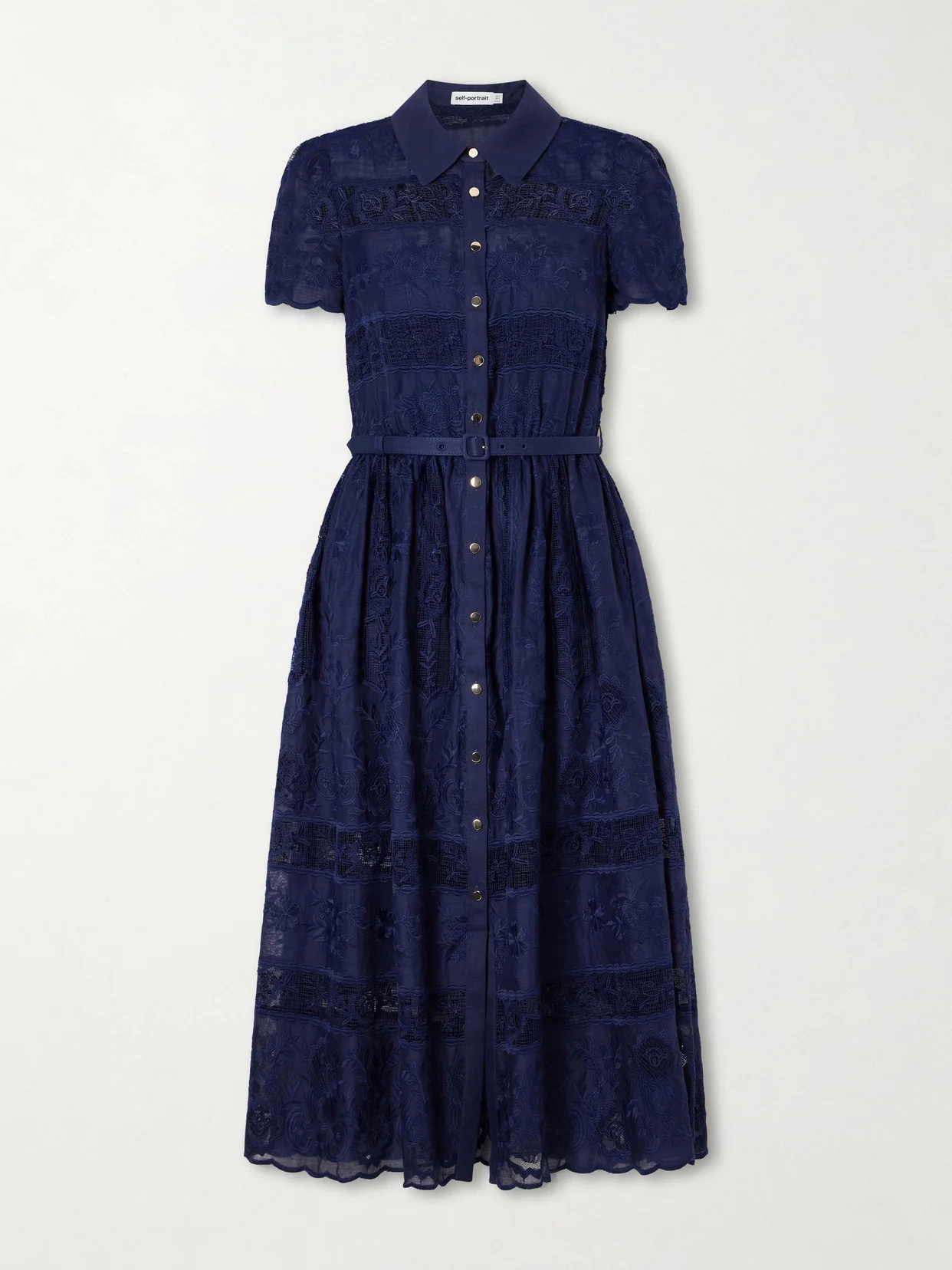 Belted Embroidered Lace-trimmed Ramie Midi Dress - 1