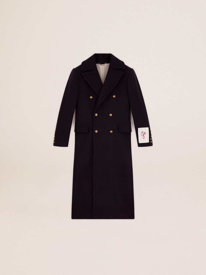 Men's double-breasted coat in blue wool with gold buttons 1