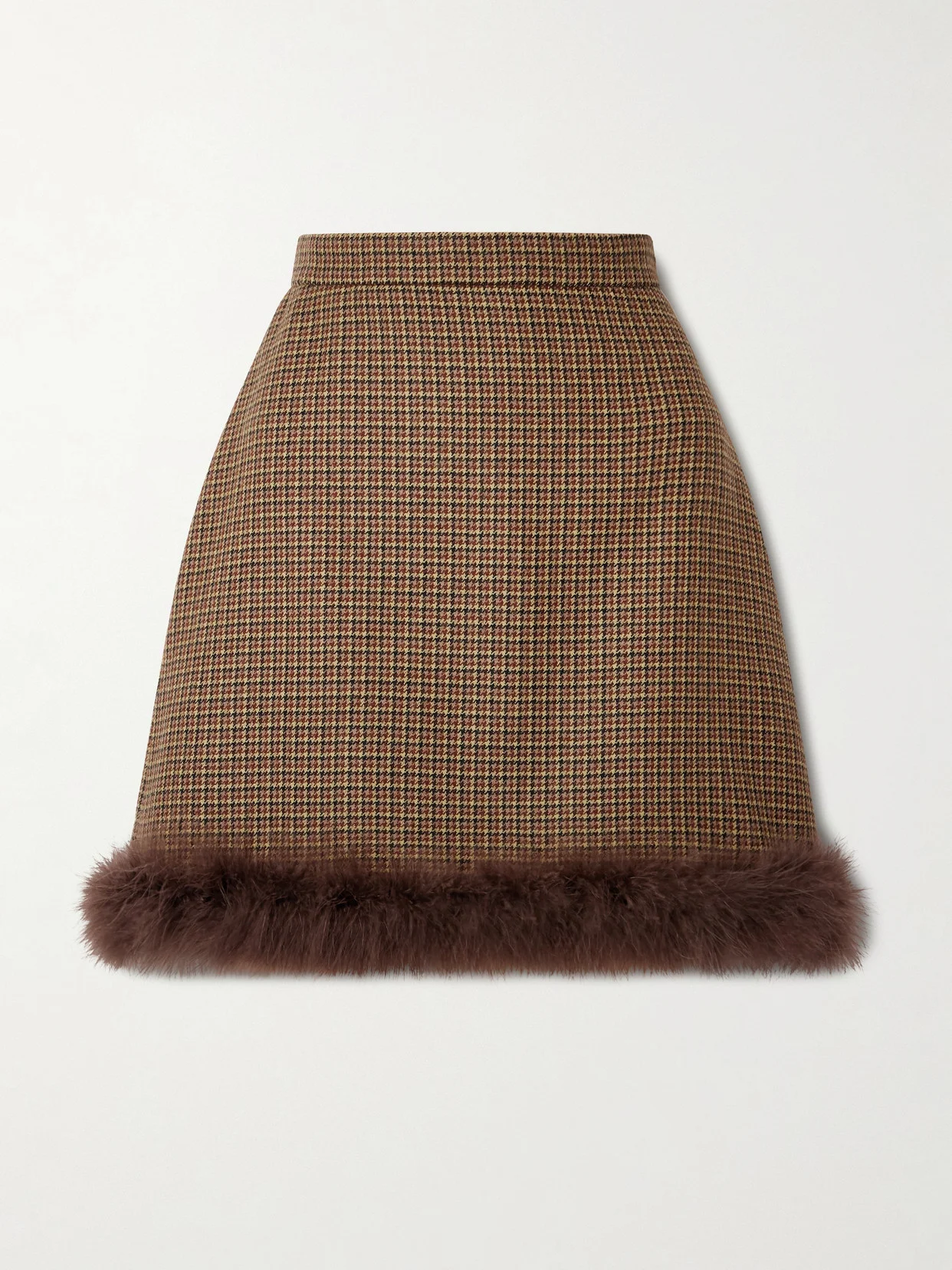 Feather-trimmed Houndstooth Wool Mini Skirt - 1
