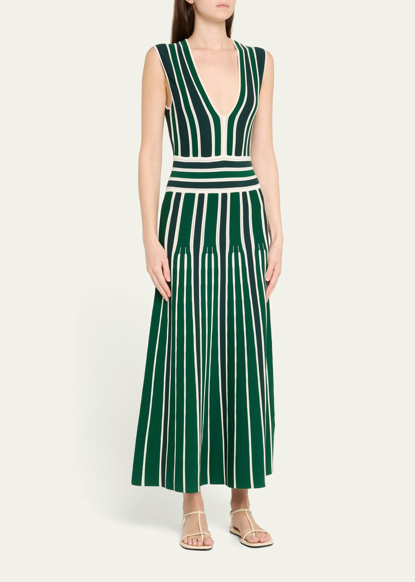 Tallone Plunging Stripe Pleated Knit Midi Dress - 4