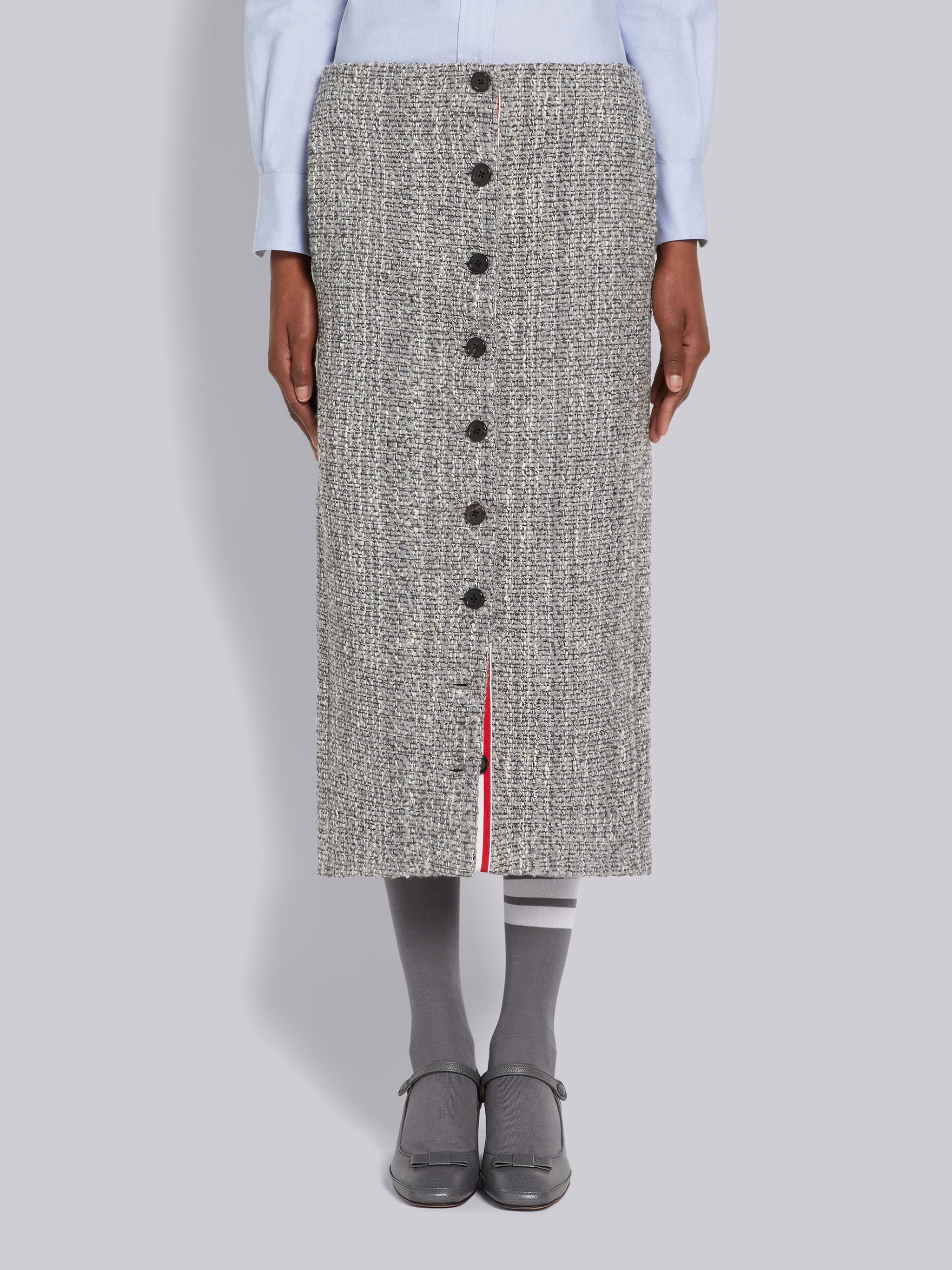 Medium Grey Melange Look Solid Tweed Grosgrain Button Front Ankle Length Cardigan Skirt - 1