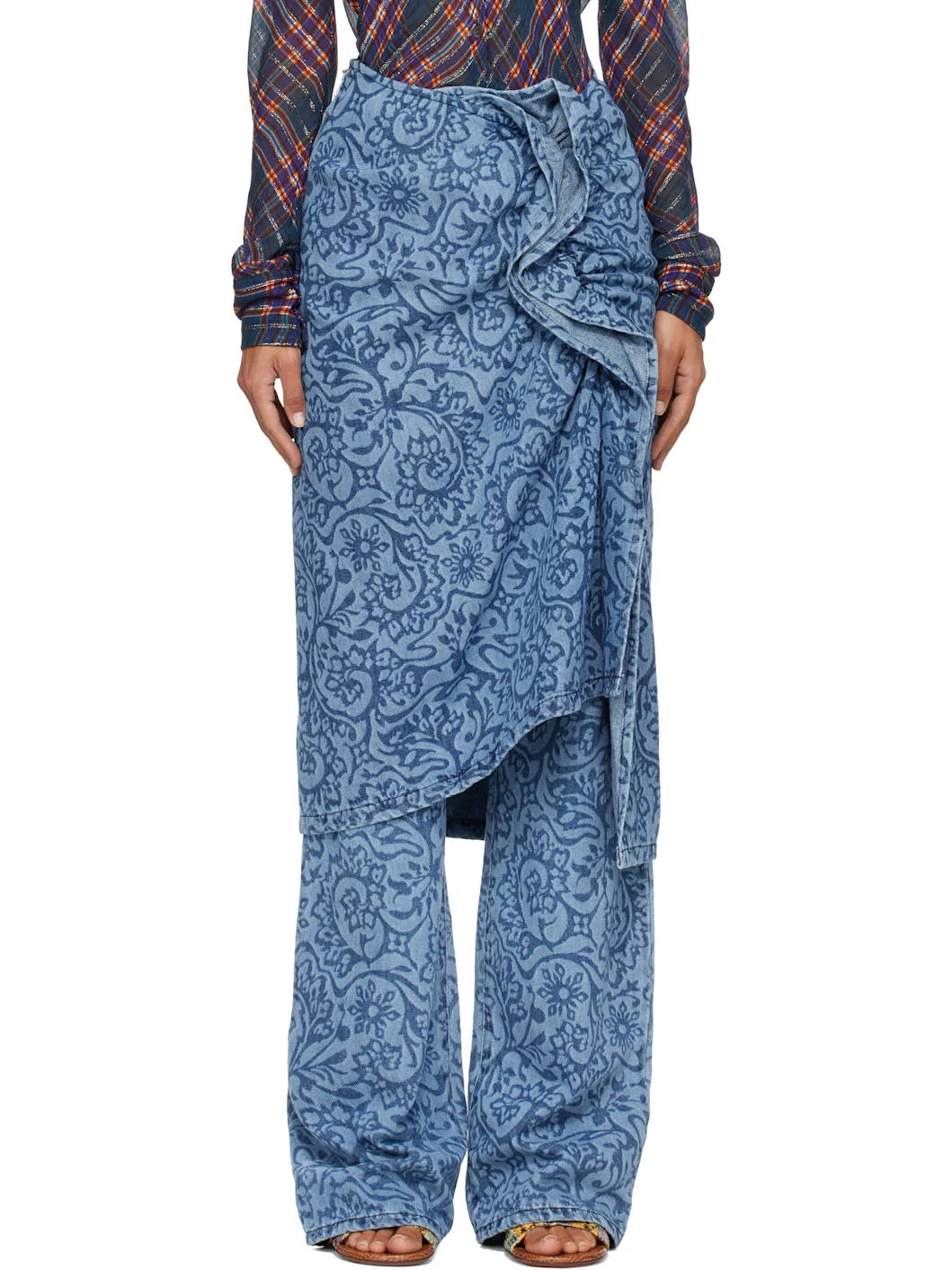 Blue Floral Denim Midi Skirt - 1