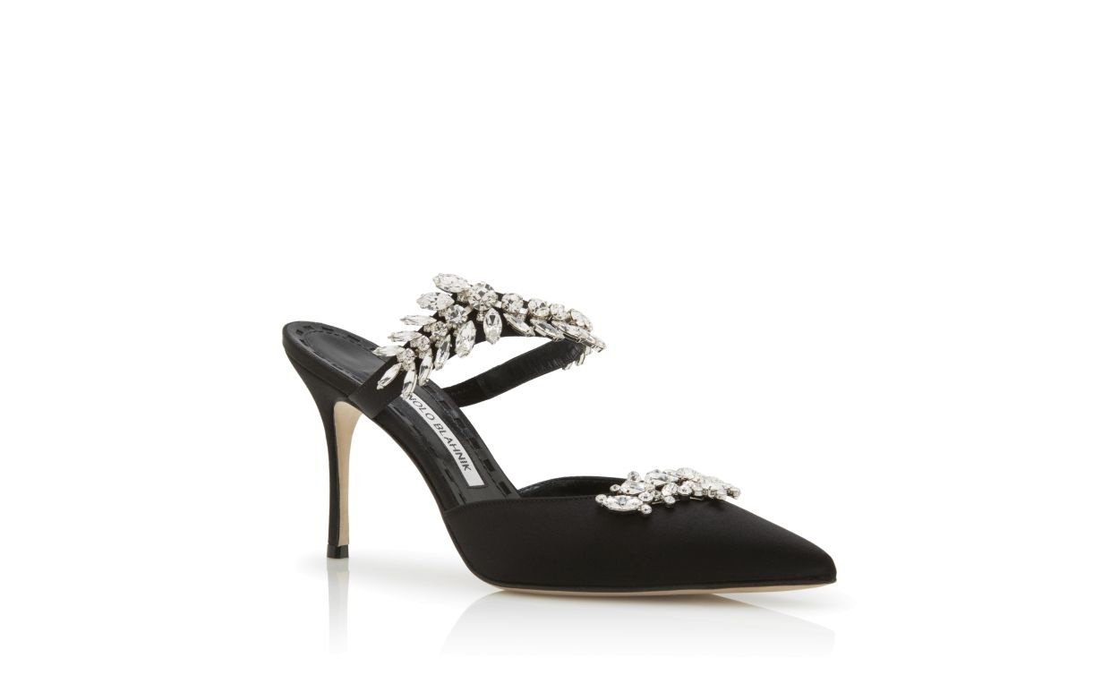 Black Satin Crystal Embellished Mules - 3