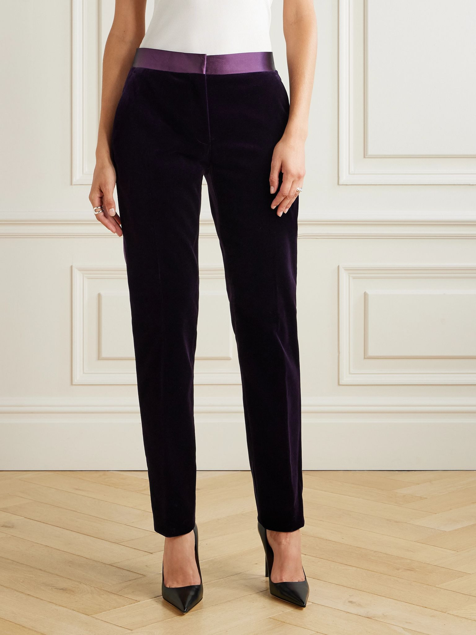 Satin-trimmed cotton-blend velvet straight-leg pants Dark purple - 3