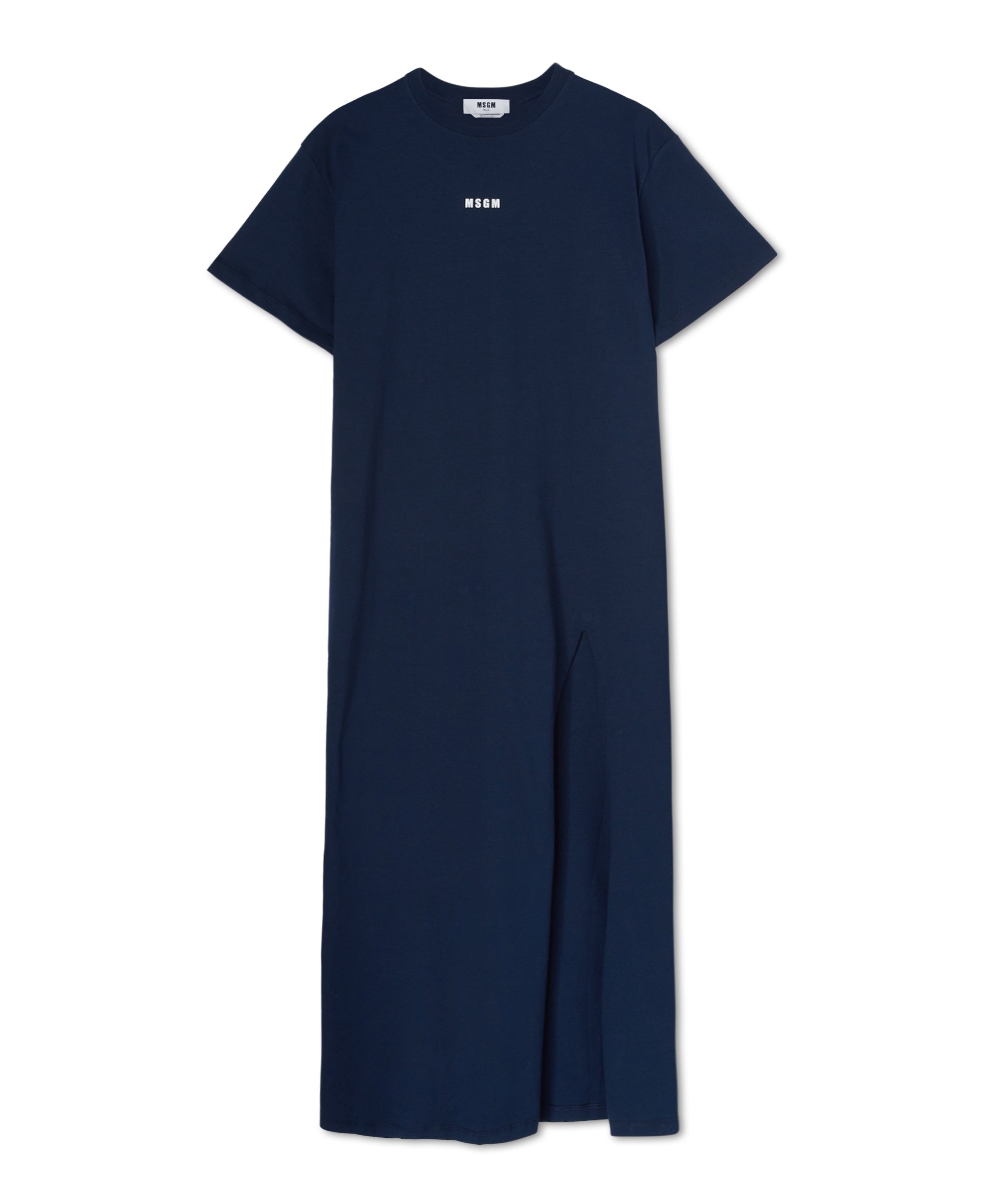 Long cotton dress with side slit and logo - 1