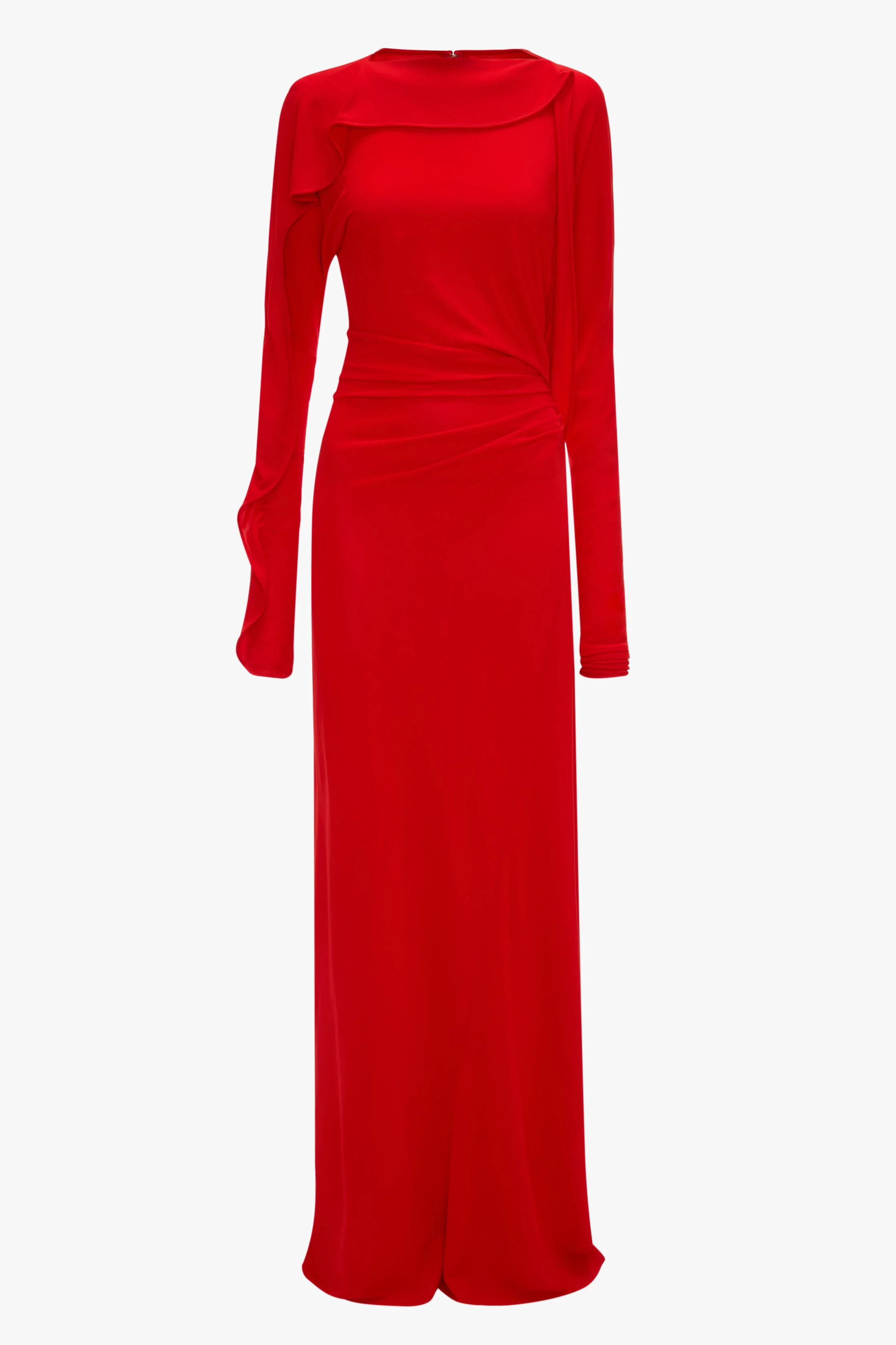 Long Sleeve Draped Jersey Gown In Cayenne - 1