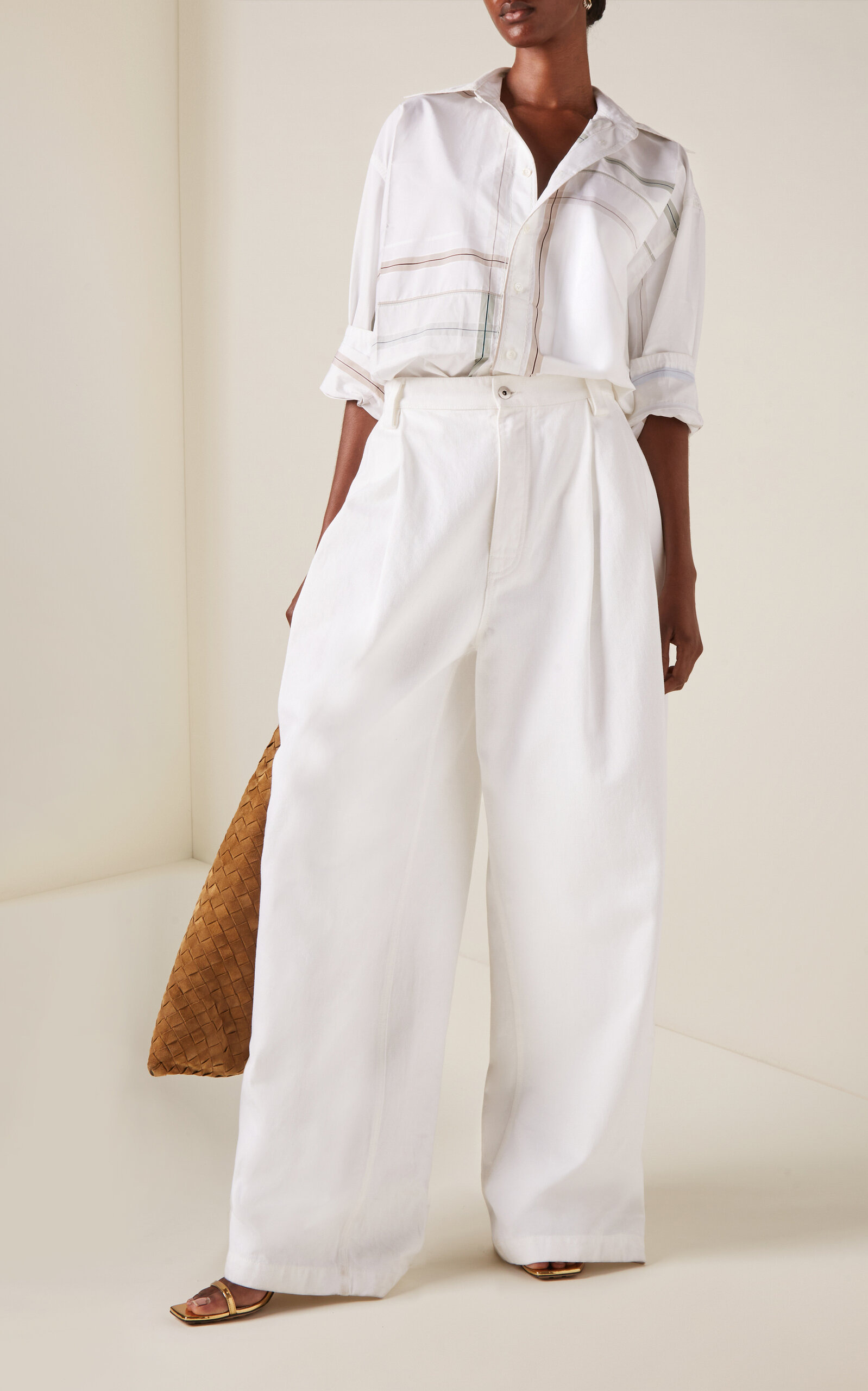 Pleated Denim Wide-Leg Trousers white - 2