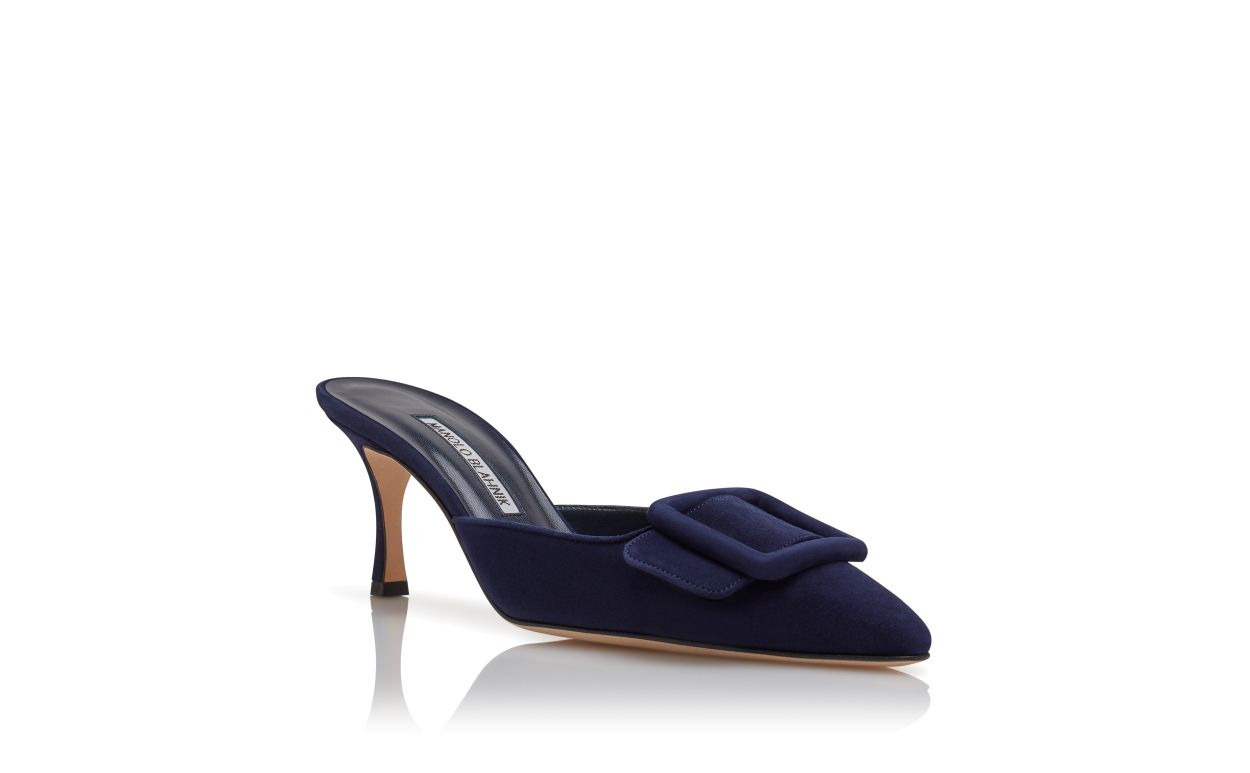 Navy Blue Suede Buckle Detail Mules - 3