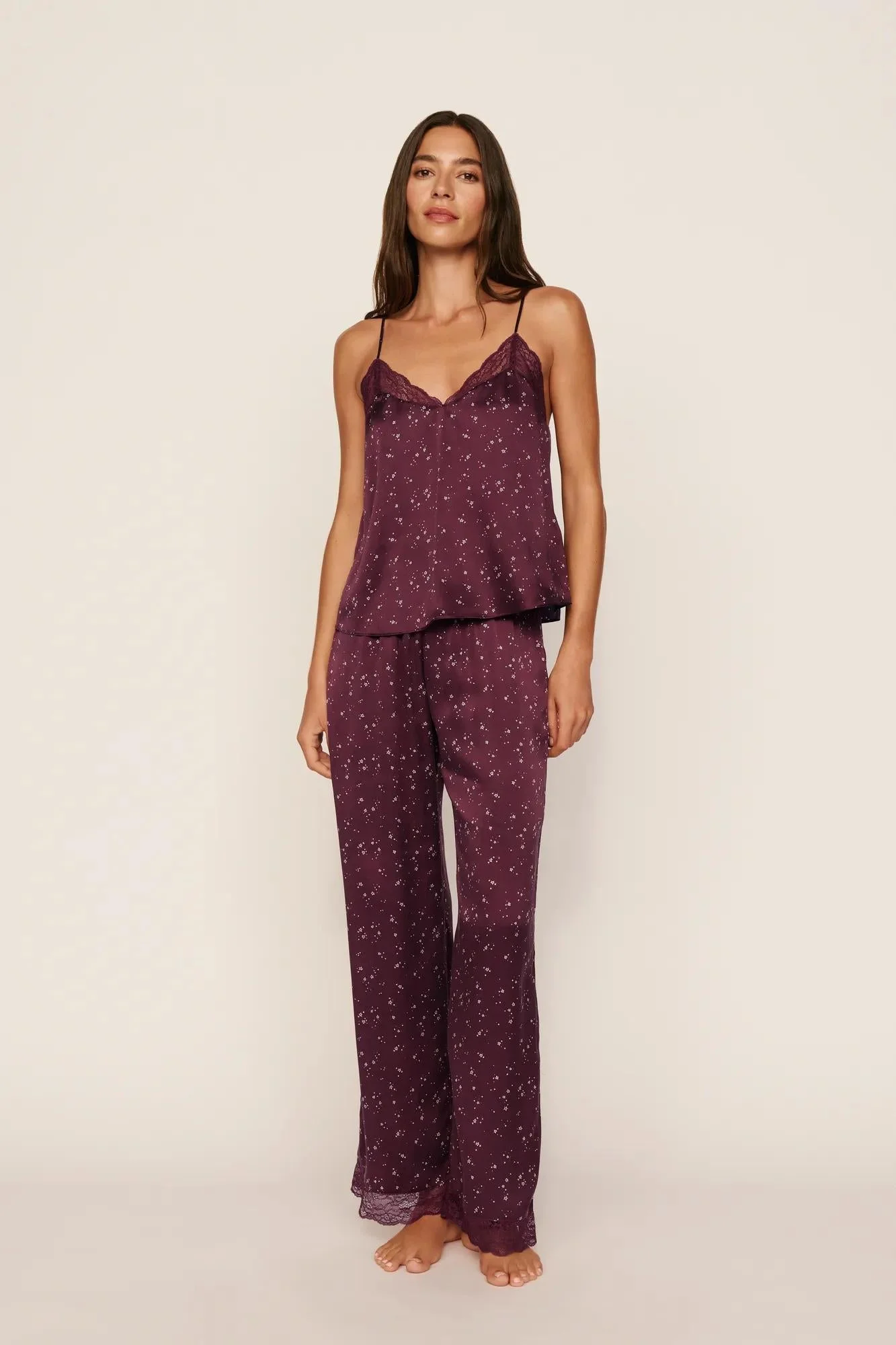 Washable Silk Printed Lace Cami & Pant Set - 1