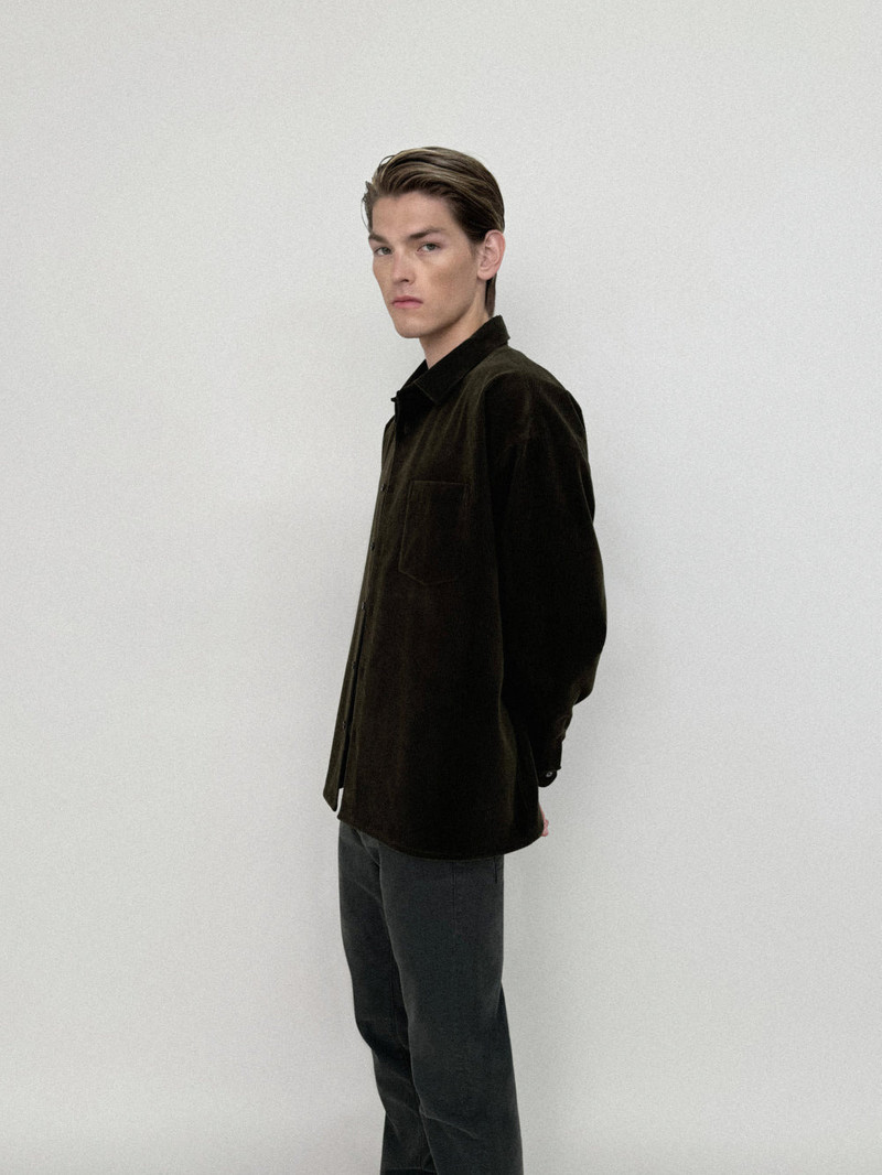 FRAME Relaxed Corduroy Overshirt in Dark Olive outlook