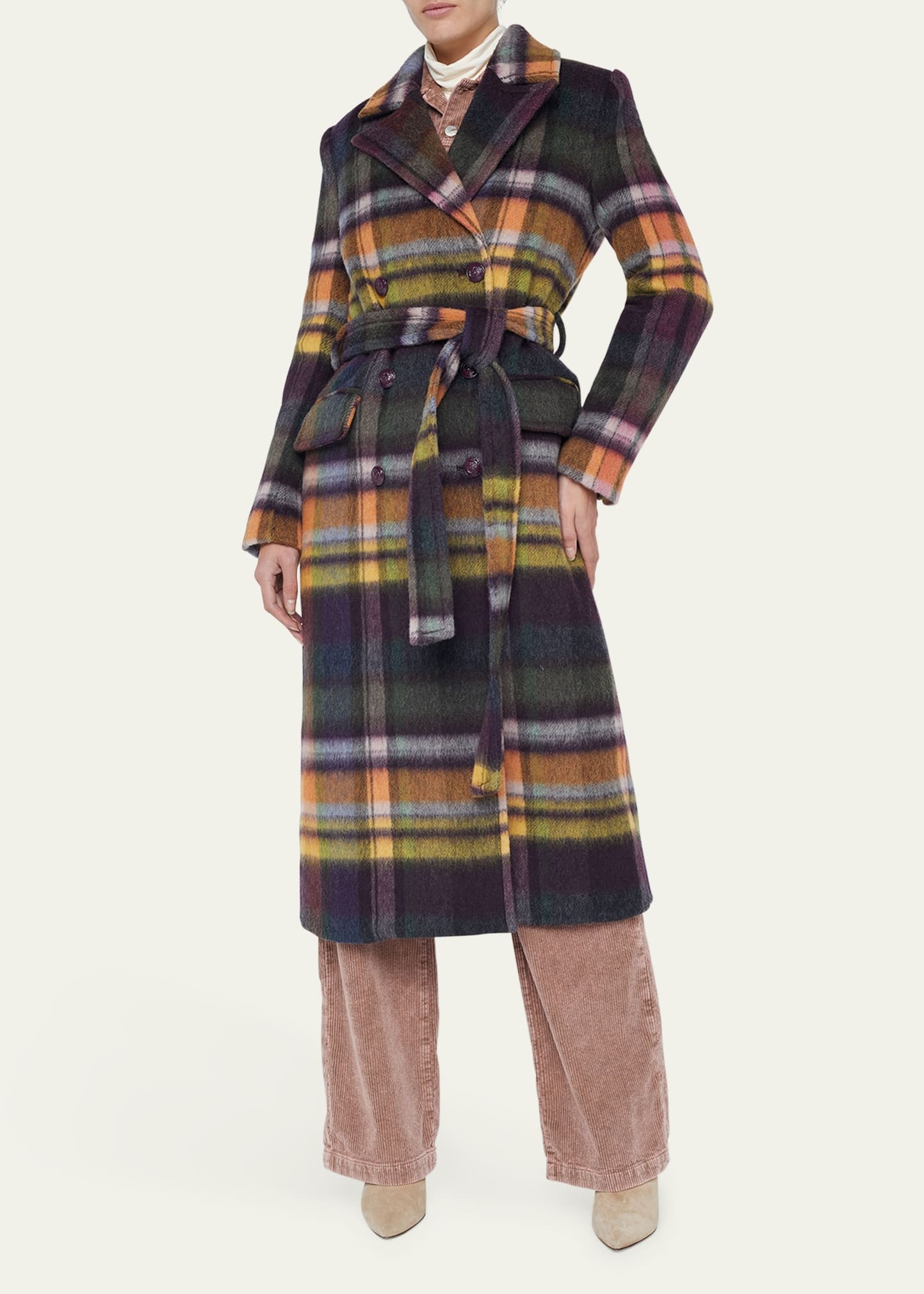 Olina Belted Plaid Trench Coat - 2